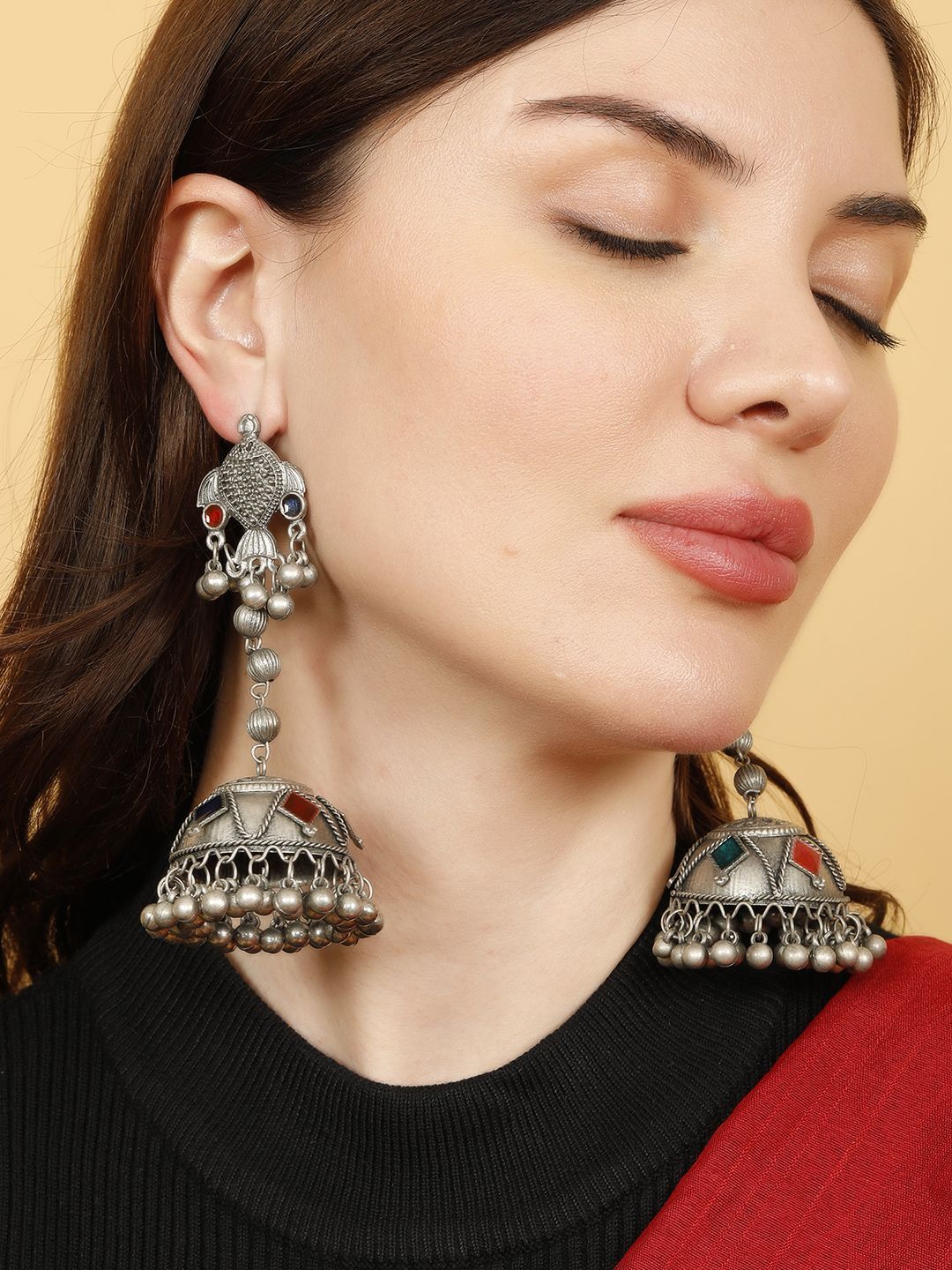 VIVAZS Silver Plated Artificial Stones Studded And Ghungroo Beaded Dome Oxidised Jhumkas-picture-32