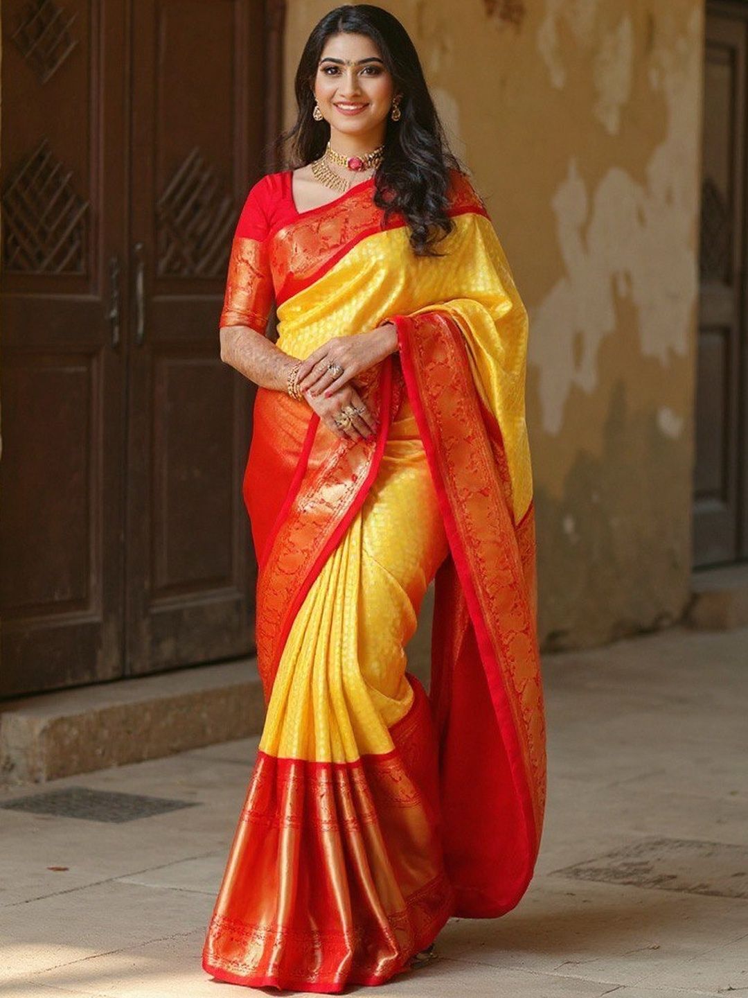 VILLE FASHION Yellow Art Silk Woven Design Kanjeevaram Sarees-image-3