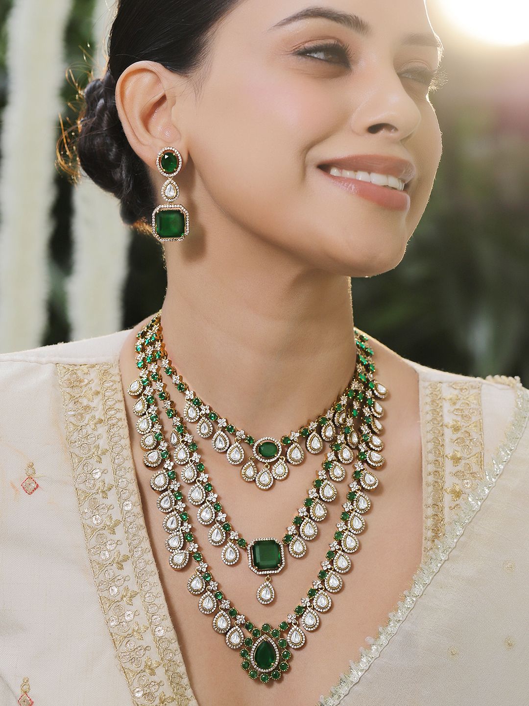 Rubans 24K Gold-Plated Emerald Green & AAA Cubic Zirconia Multi-Layer Bridal Necklace Set-picture-51