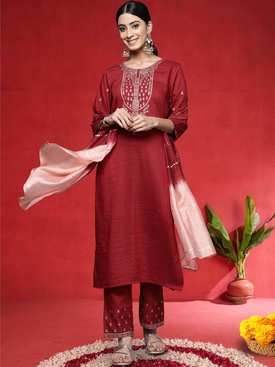 Varanga Women Ethnic Motifs Embroidered Regular Kurta with Trousers & Dupatta