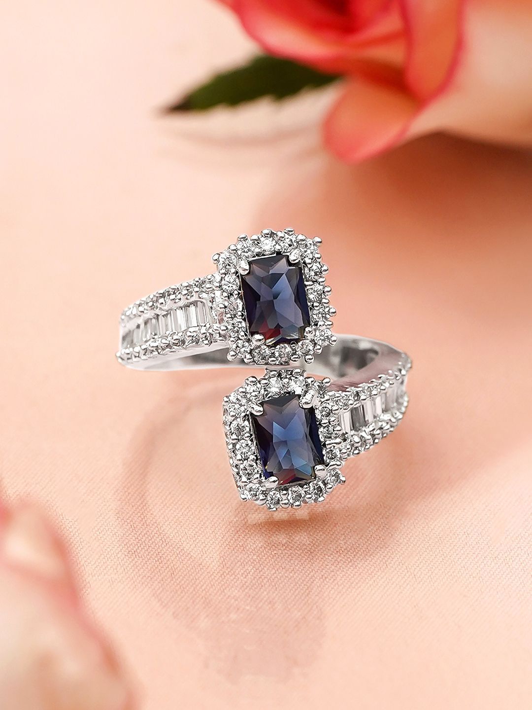 Rubans Rhodium-Plated Blue Sapphire & Cubic Zirconia Studded Adjustable Finger Ring-picture-39