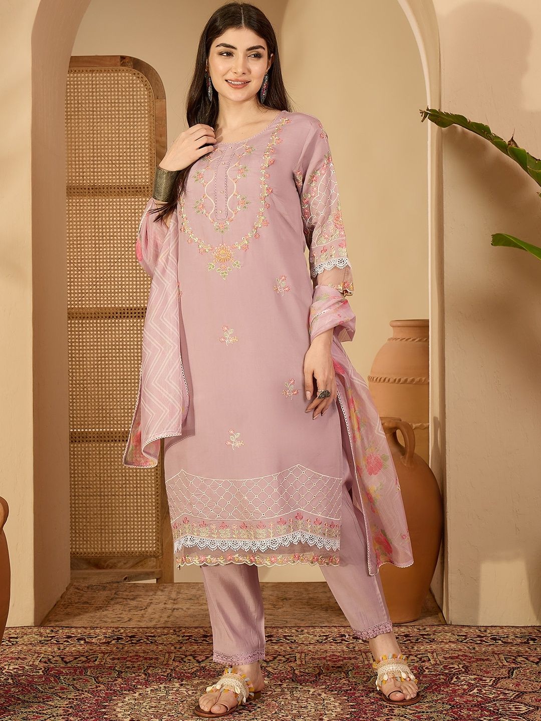 Sangria Women Cotton Blend Embroidered Kurta Sets With Dupatta-picture-30