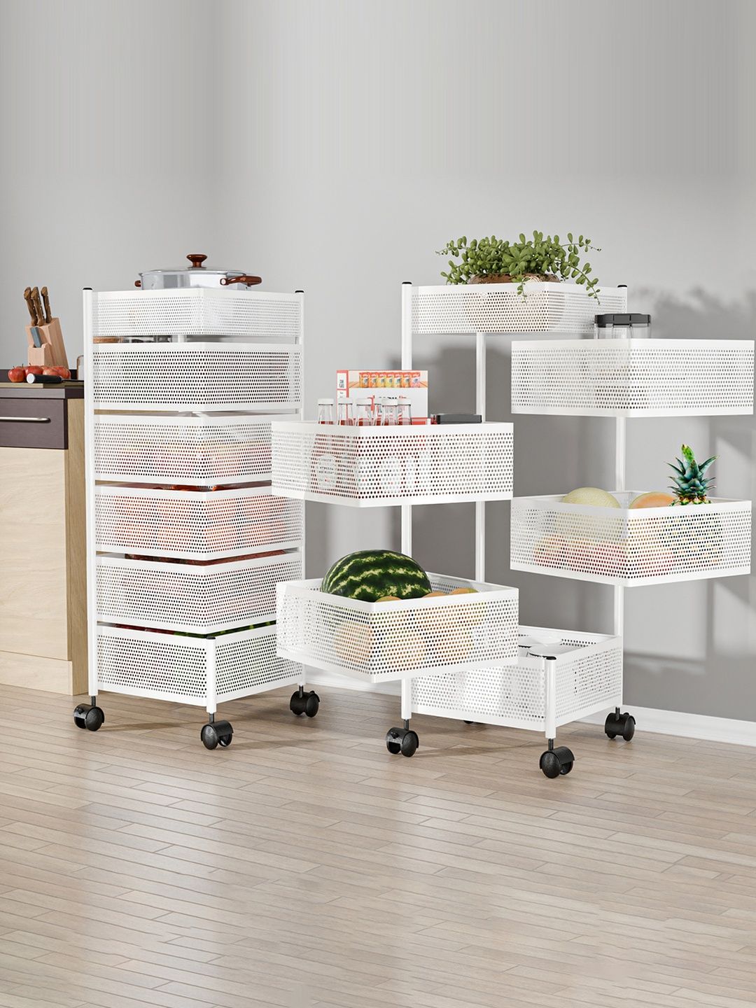 Myntra Elegant Homes White Set of 2 Kitchen 6 Layer Metal Storage Rack with Wheels-picture-22