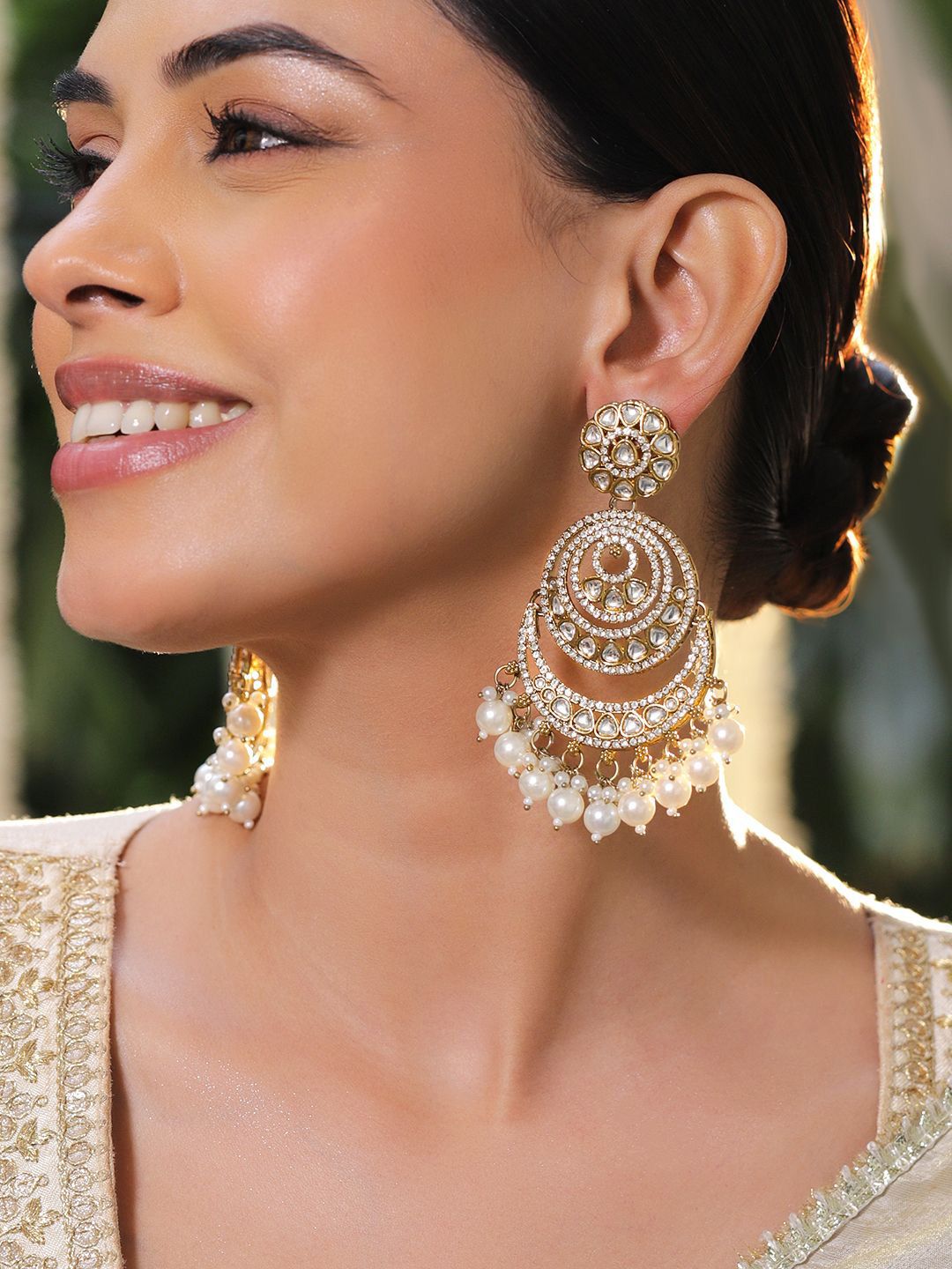 Rubans 18K Gold-Plated Kundan, Zirconia & White Pearl Beaded Long Chandbali Earrings-picture-14