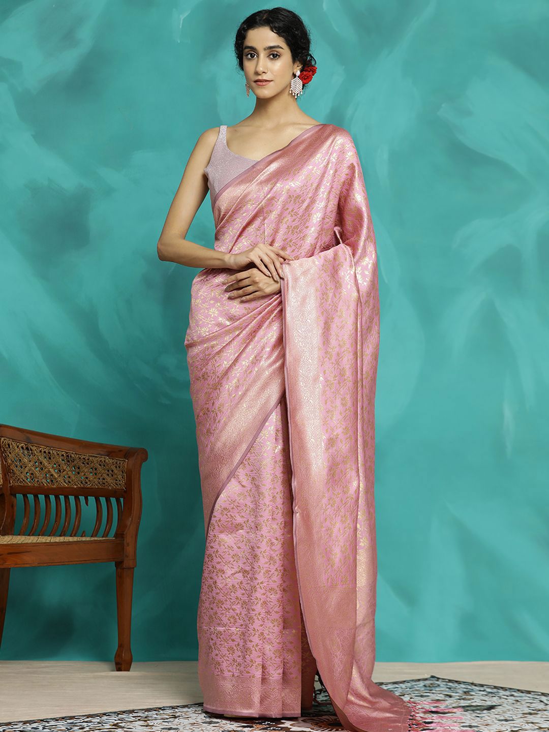 Desi Fusion Ethnic Motifs Woven Design Zari Banarasi Saree with Blouse Piece-picture-26