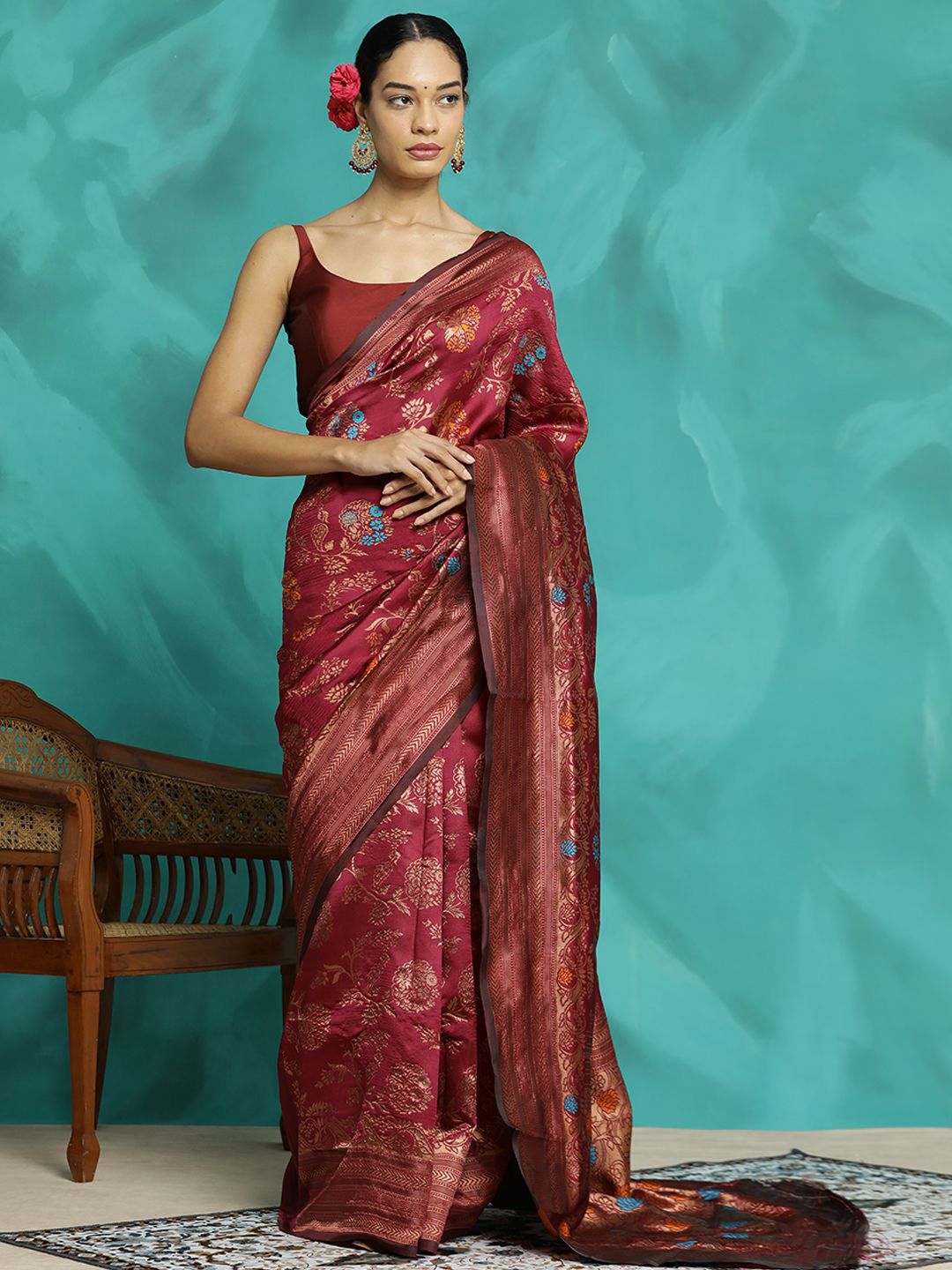 Desi Fusion Ethnic Motifs Woven Design Zari Banarasi Saree-picture-25
