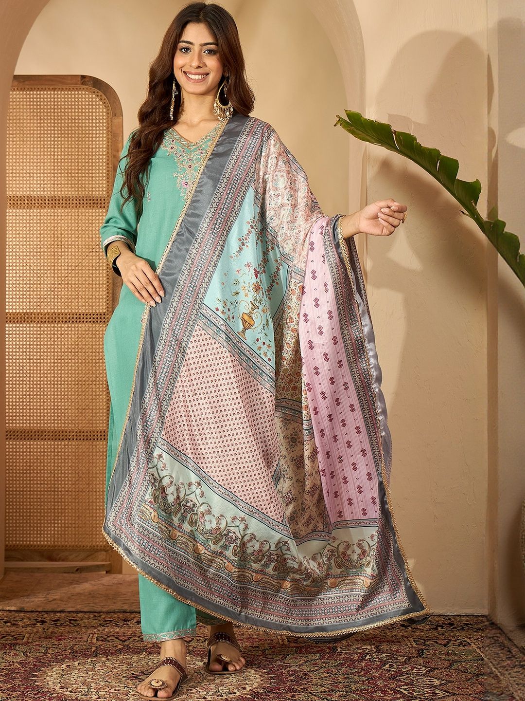 Sangria Women Silk Blend Embroidered Kurta Sets With Dupatta-picture-37