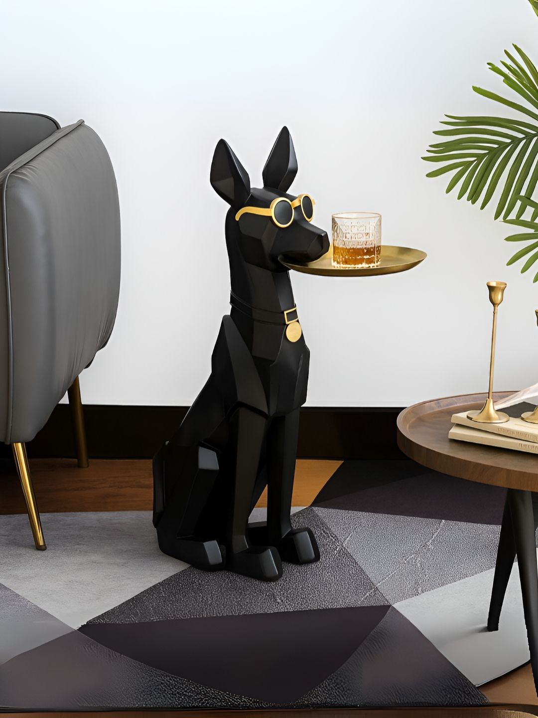 SMOKEY COCKTAIL Black & Gold-Toned The Lean Dog Figurine With Tray Showpiece-picture-38
