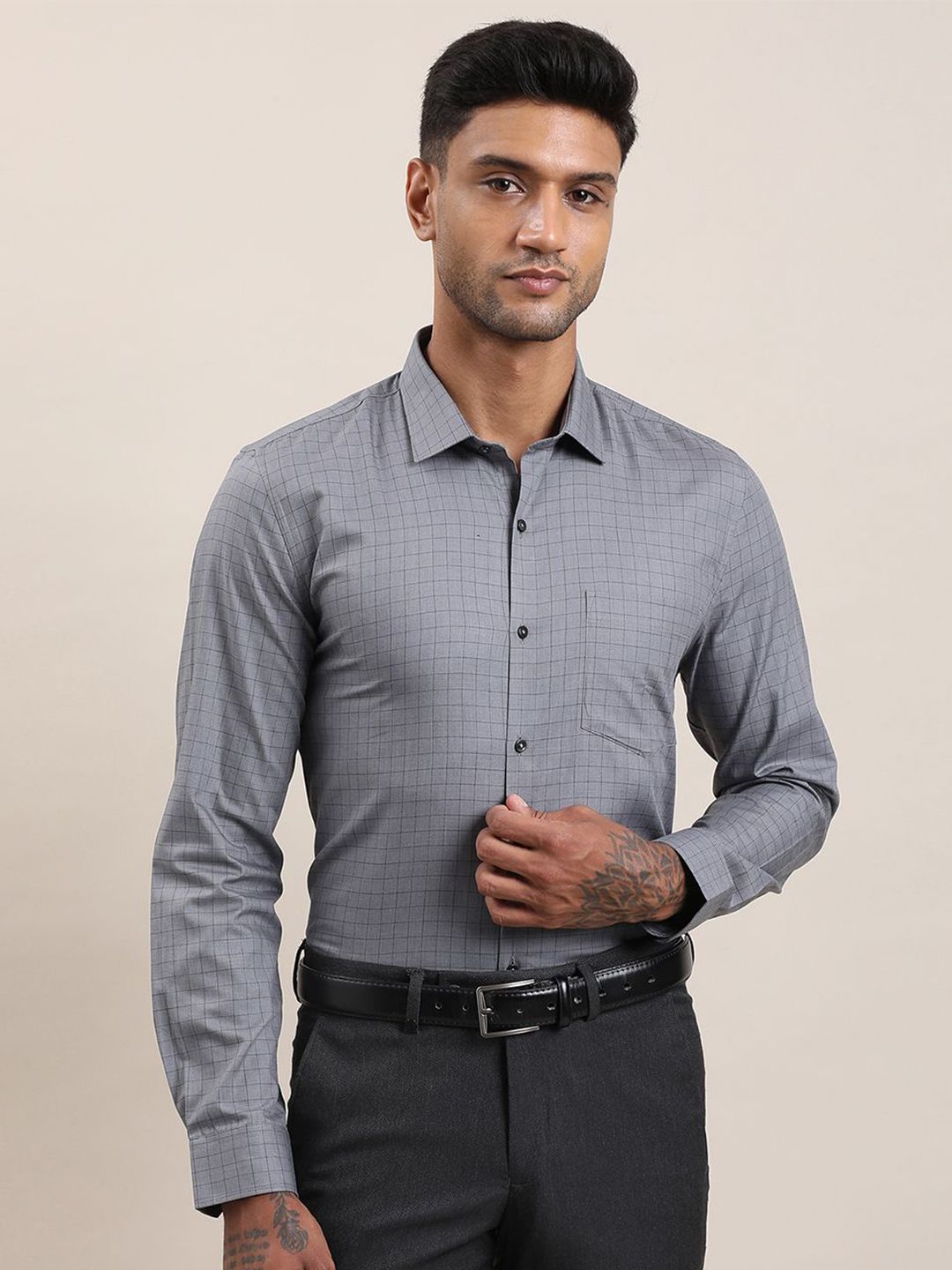 Turtle Men Standard Slim Fit Grid Tattersall Checked Pure Cotton Formal Shirt-picture-13
