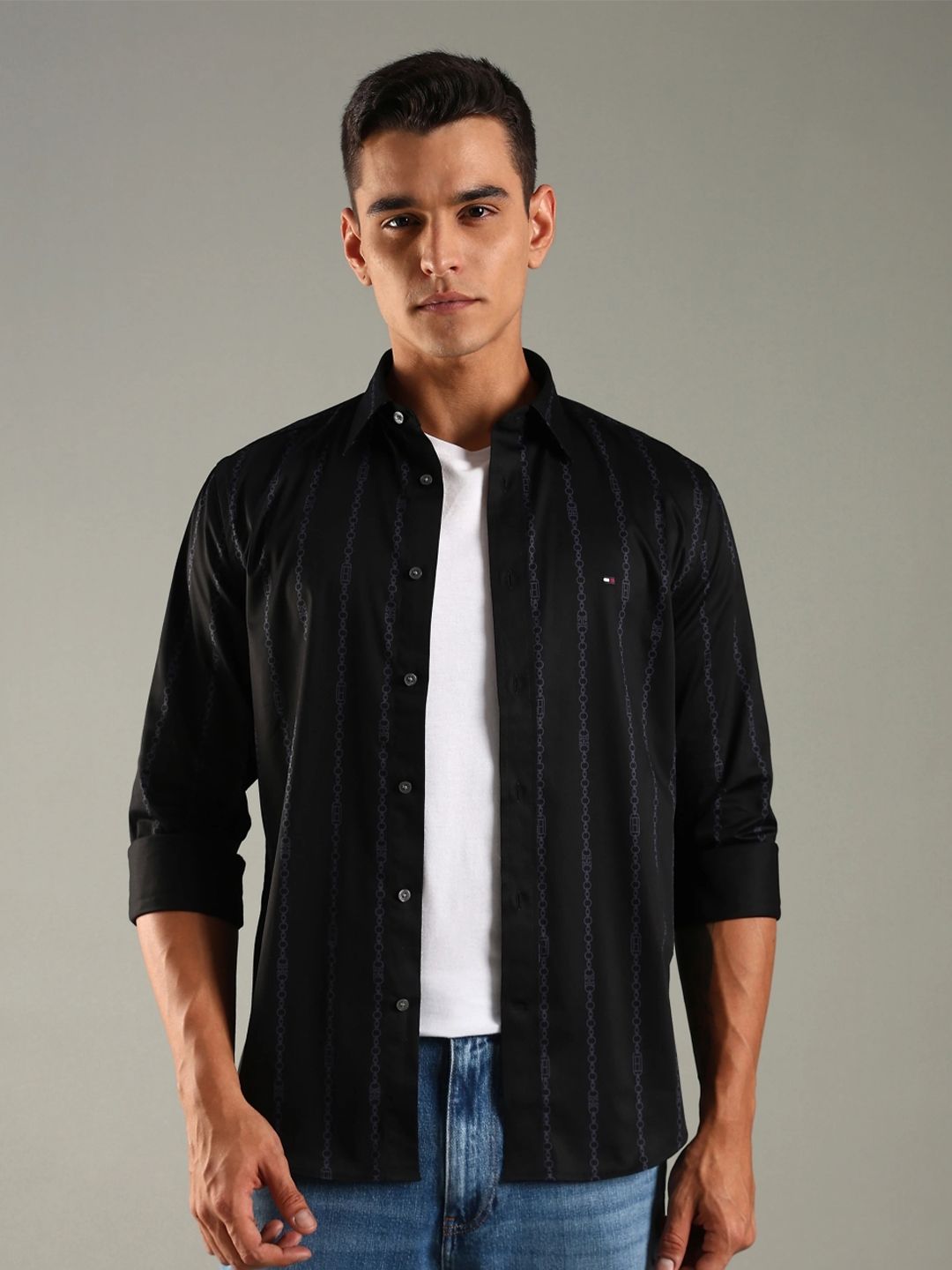 Tommy Hilfiger Spread Collar Striped Satin Shirt-image-3