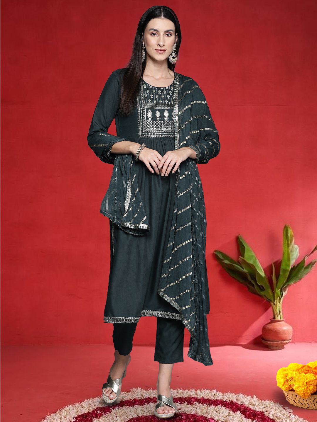 Varanga Women Ethnic Motif Embroidered Sequinned Kurta with Trousers & Dupatta