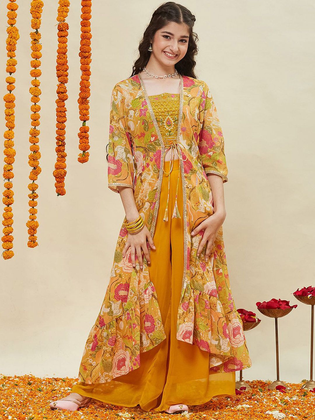 CurlyTales Girls Ethnic Motifs Printed Georgette Straight Top with Palazzos &Shrug-picture-16