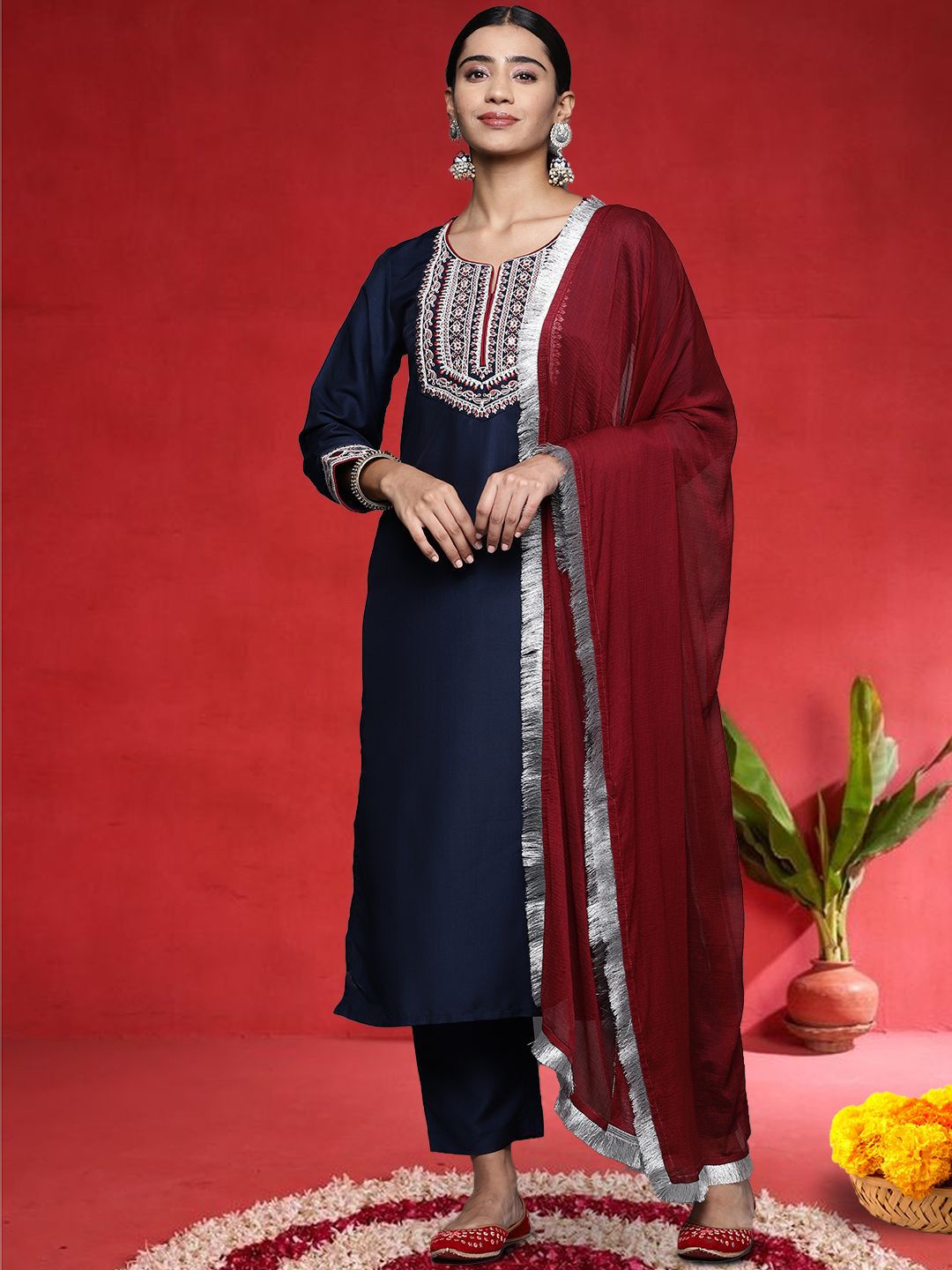 Varanga Women Ethnic Motifs Embroidered Regular Kurta with Trousers & Dupatta