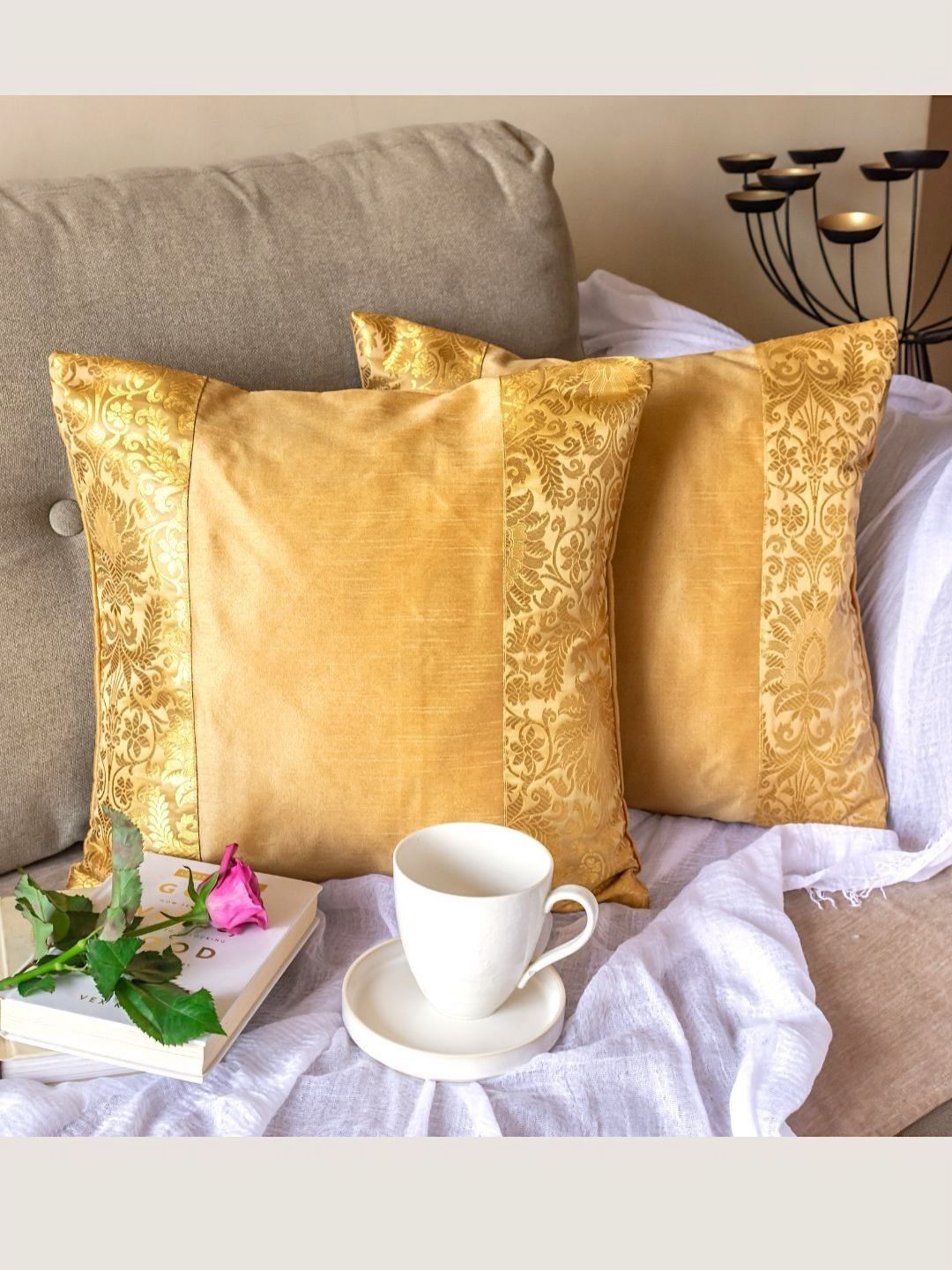 PILOVILO Gold-Toned Set of 2 Ethnic Motifs Square Cushion Covers-picture-36