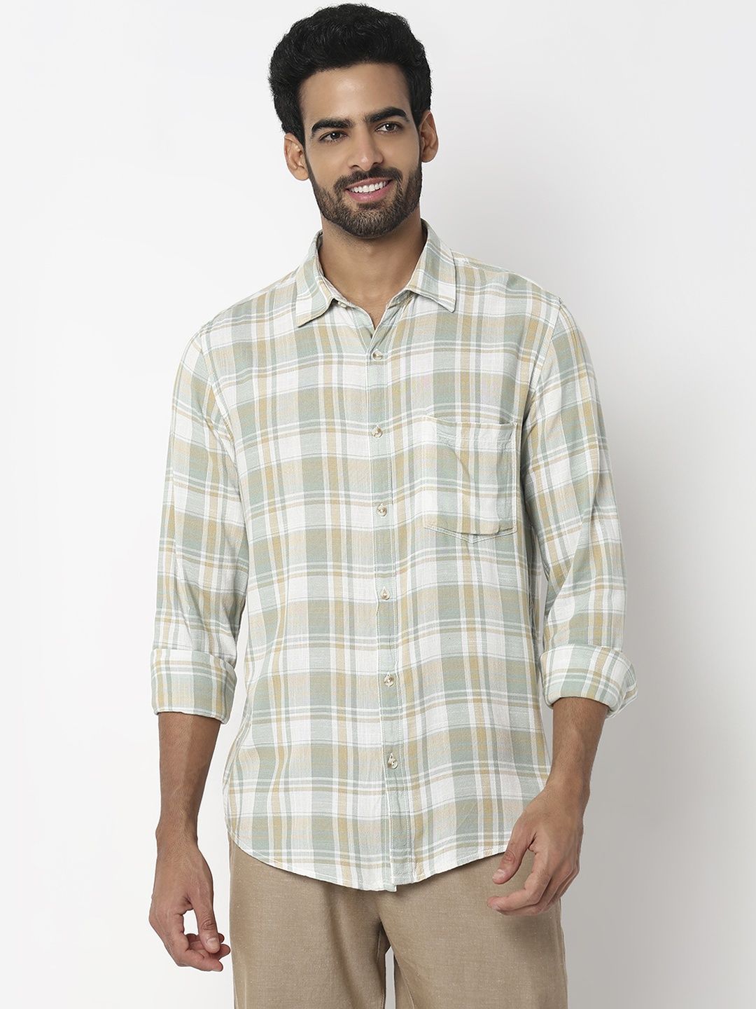 SPYKAR Men Green Tight Slim Fit Checked Spread Collar Cotton Casual Shirt-picture-19