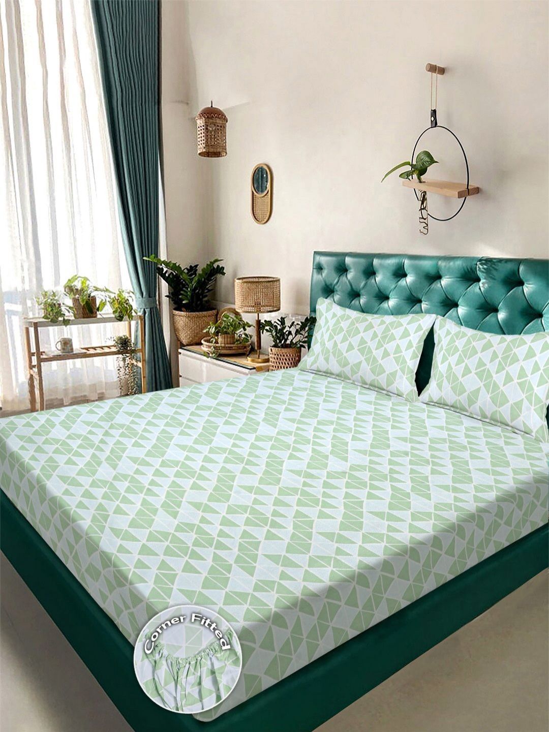Aura Green & White Geometric 300 TC Fitted Double King Bedsheet Set-2.5 m X 2.25 m-picture-14