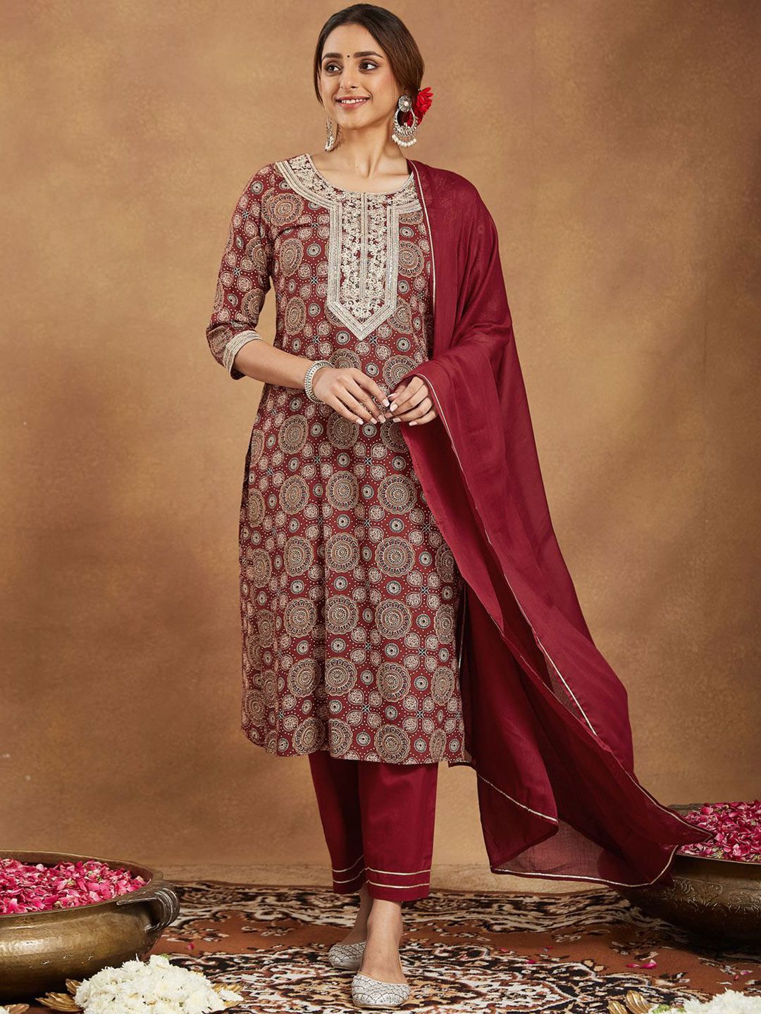 Janasya Women's Maroon Pure Cotton Ethnic Motifs Printed Straight Kurta Set-picture-24