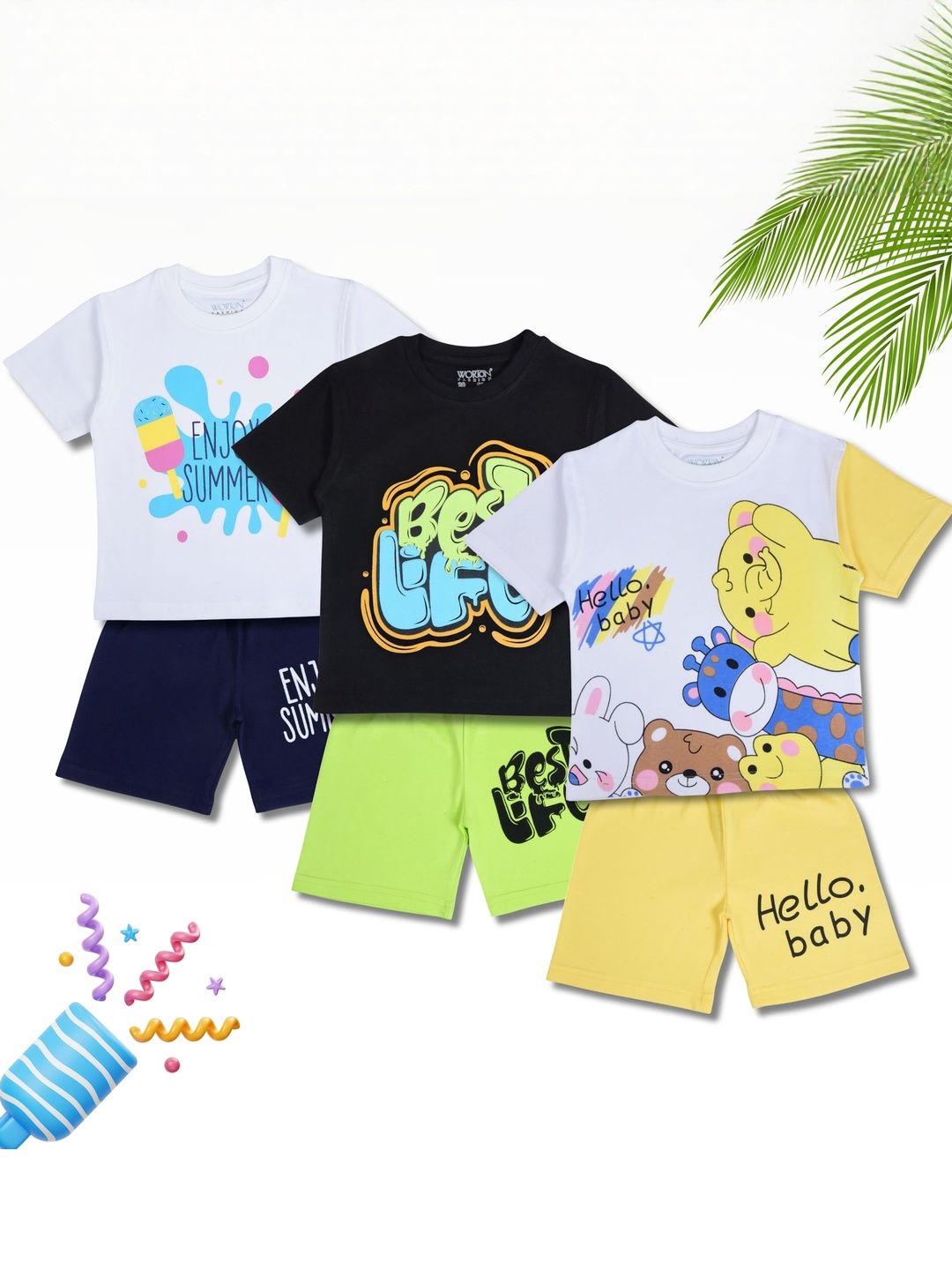 WORTON FASHION Kids Pack of 3 Pure Cotton Printed T-shirt with Shorts-picture-26