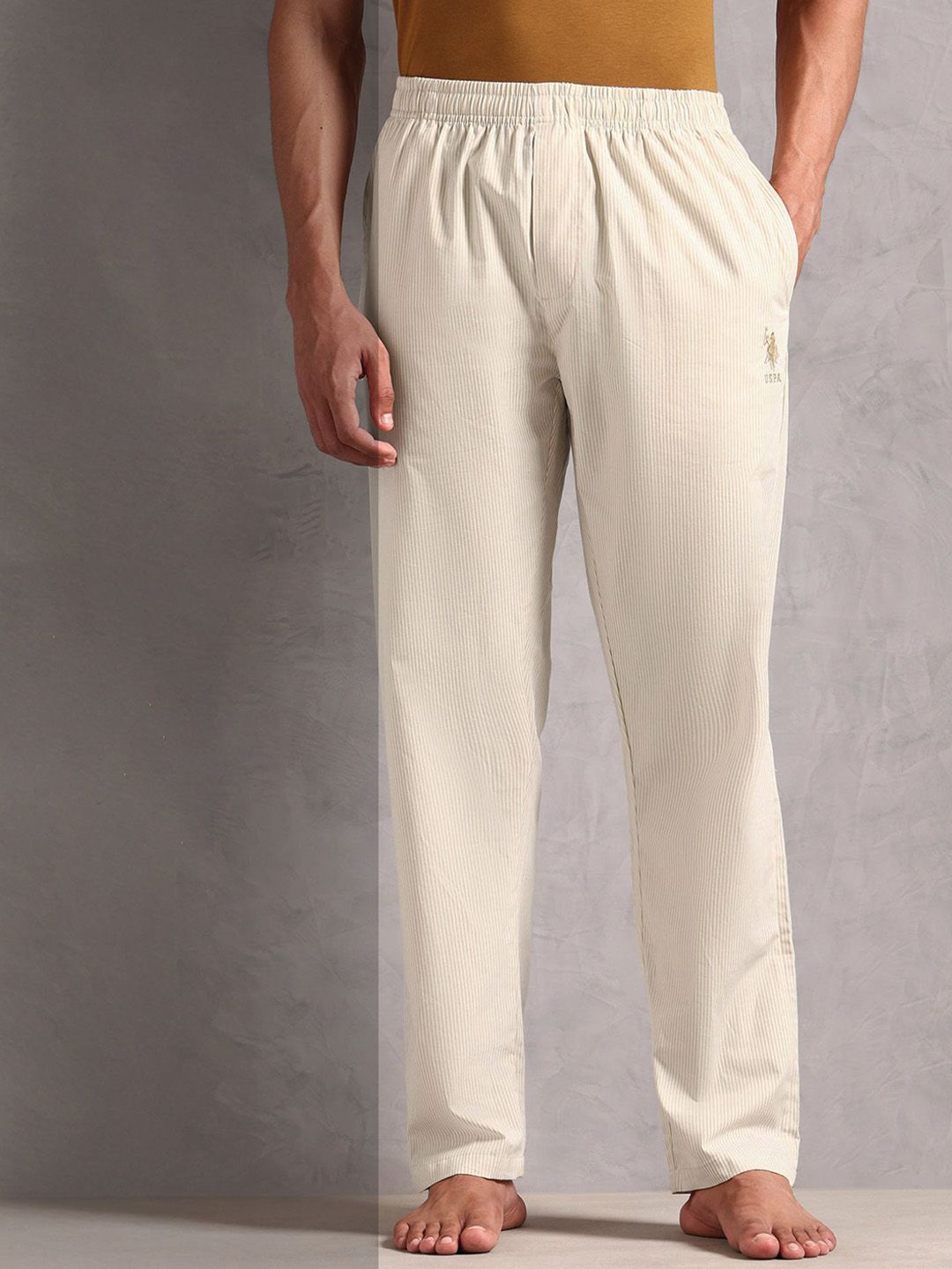 U.S. Polo Assn. Men Striped Pure Cotton Mid-Rise Lounge Pants