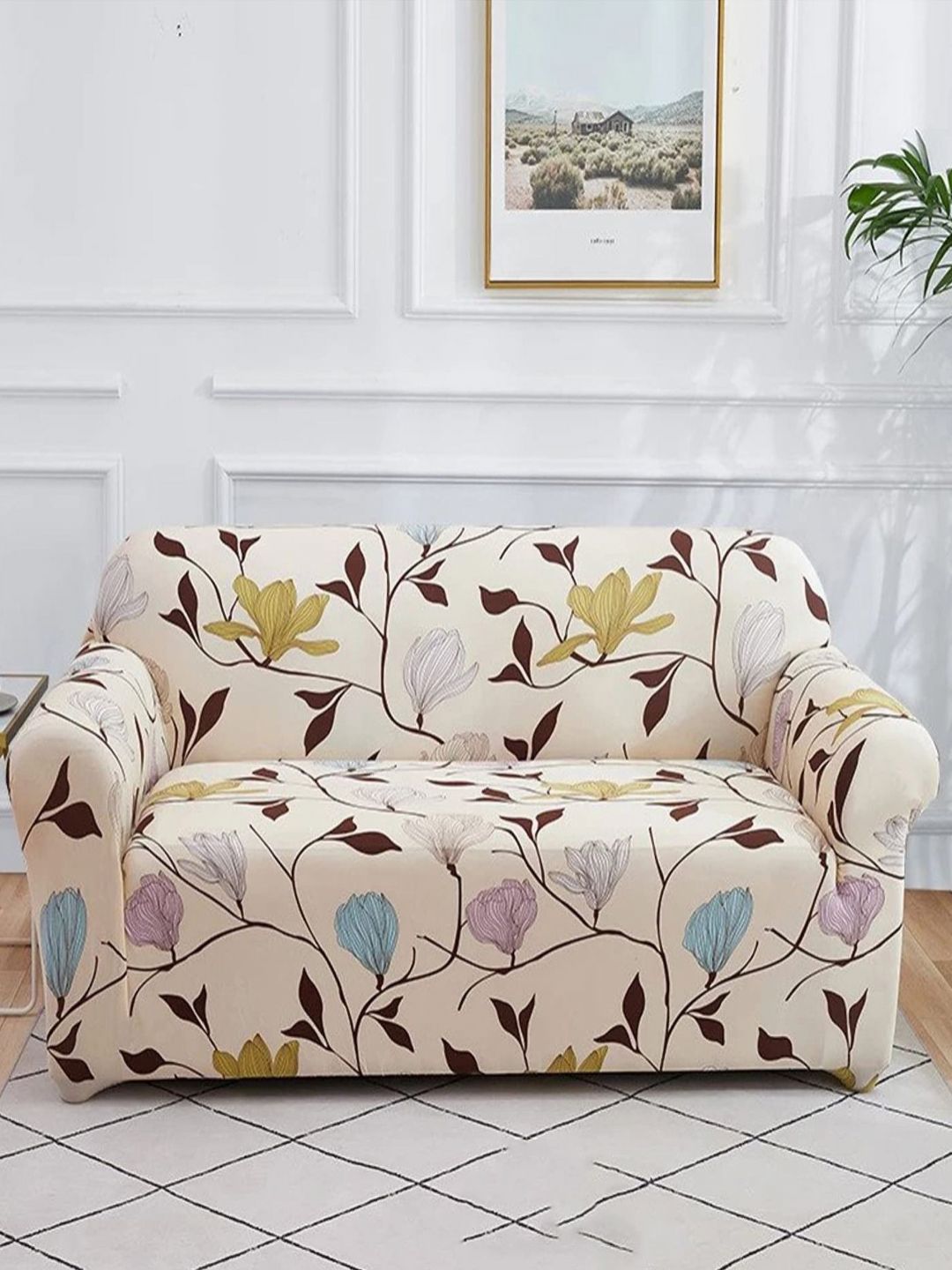 HOUSE OF QUIRK Cream Floral Printed Triple Seater Polyester Elasticated Sofa Covers-image-36
