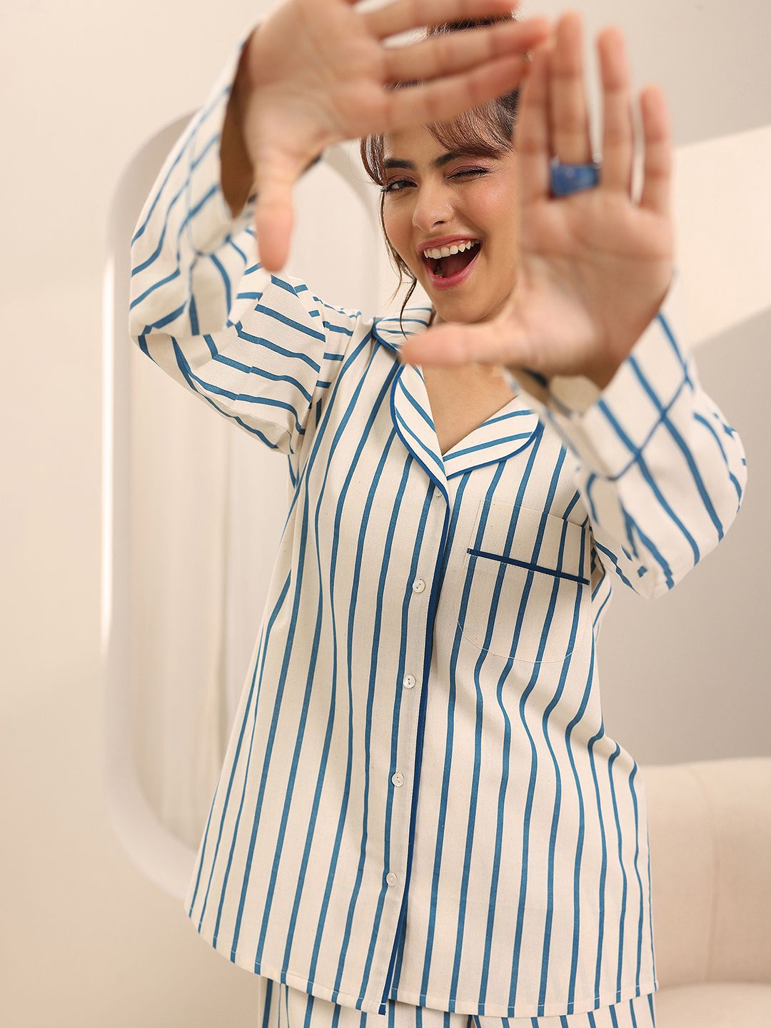 Libas Striped Lapel Collar Shirt With Pyjamas-picture-35