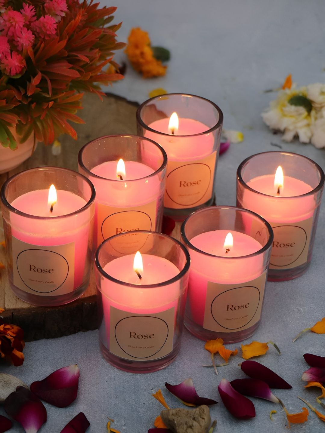 Earthcraft Set Of 6 Votive Glass Rose Scented Candle-image-2