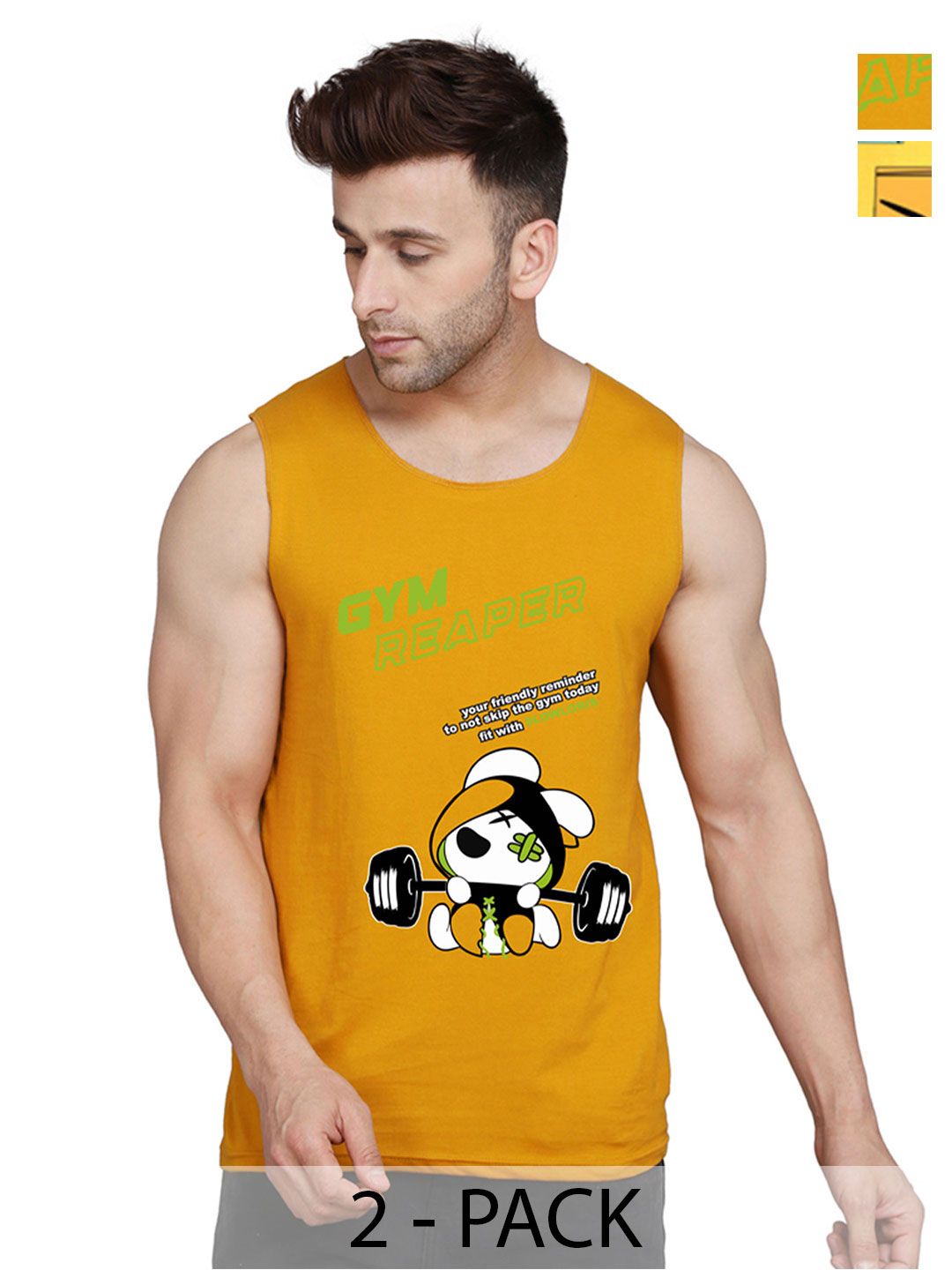 SLOWLORIS Men Pack Of 2 Printed Bio-Wash Combed Cotton Gym Vests-picture-15