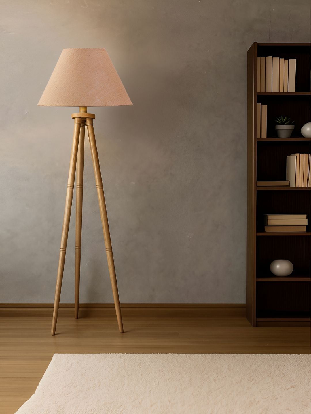 Devansh Beige cotton Drum shade with Wooden Tripod Lamp 14x14x56 Inches