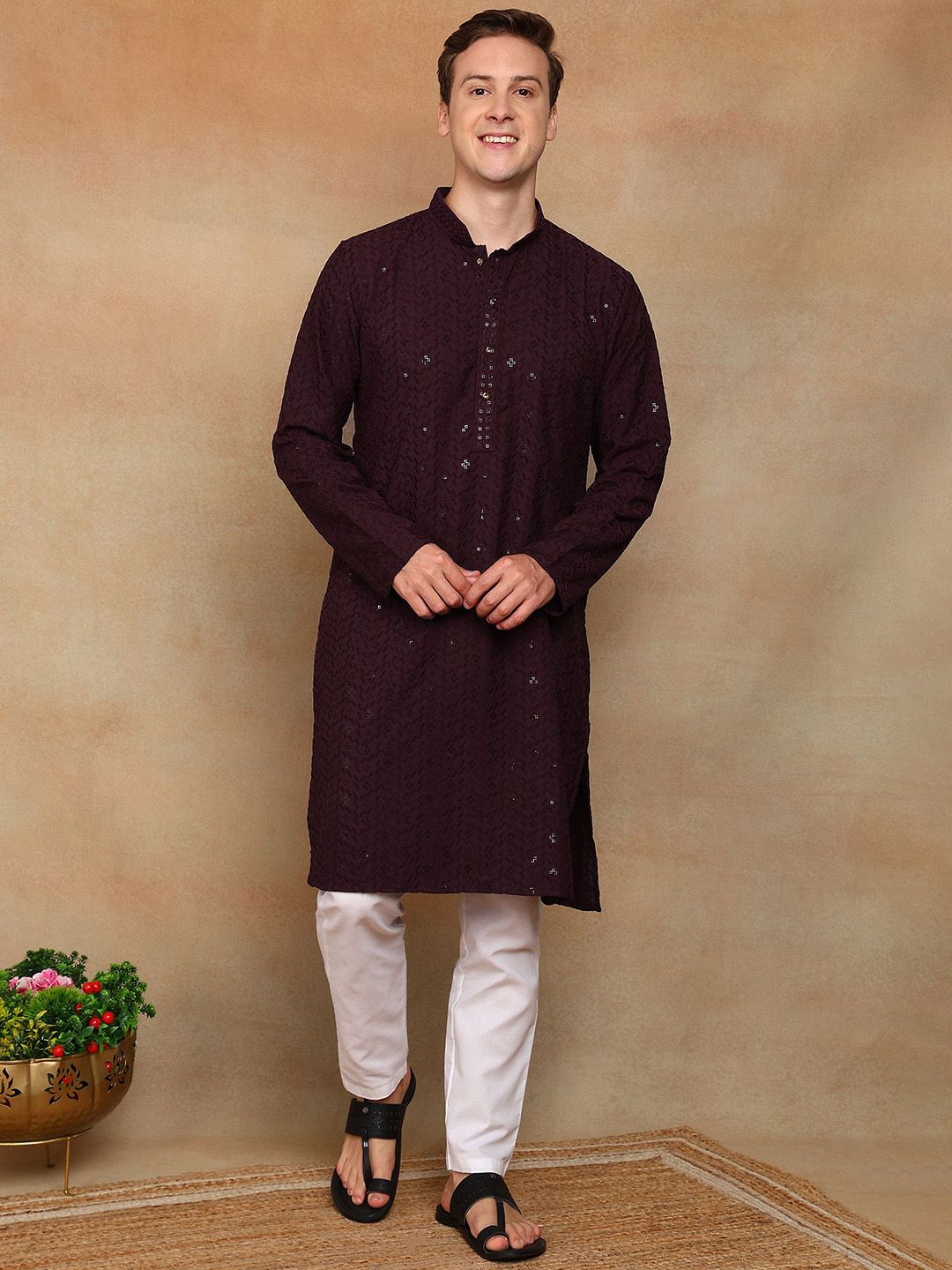 House of Pataudi Men Self Design Sequinned Embroidered Mandarin-Collar Kurta-picture-11