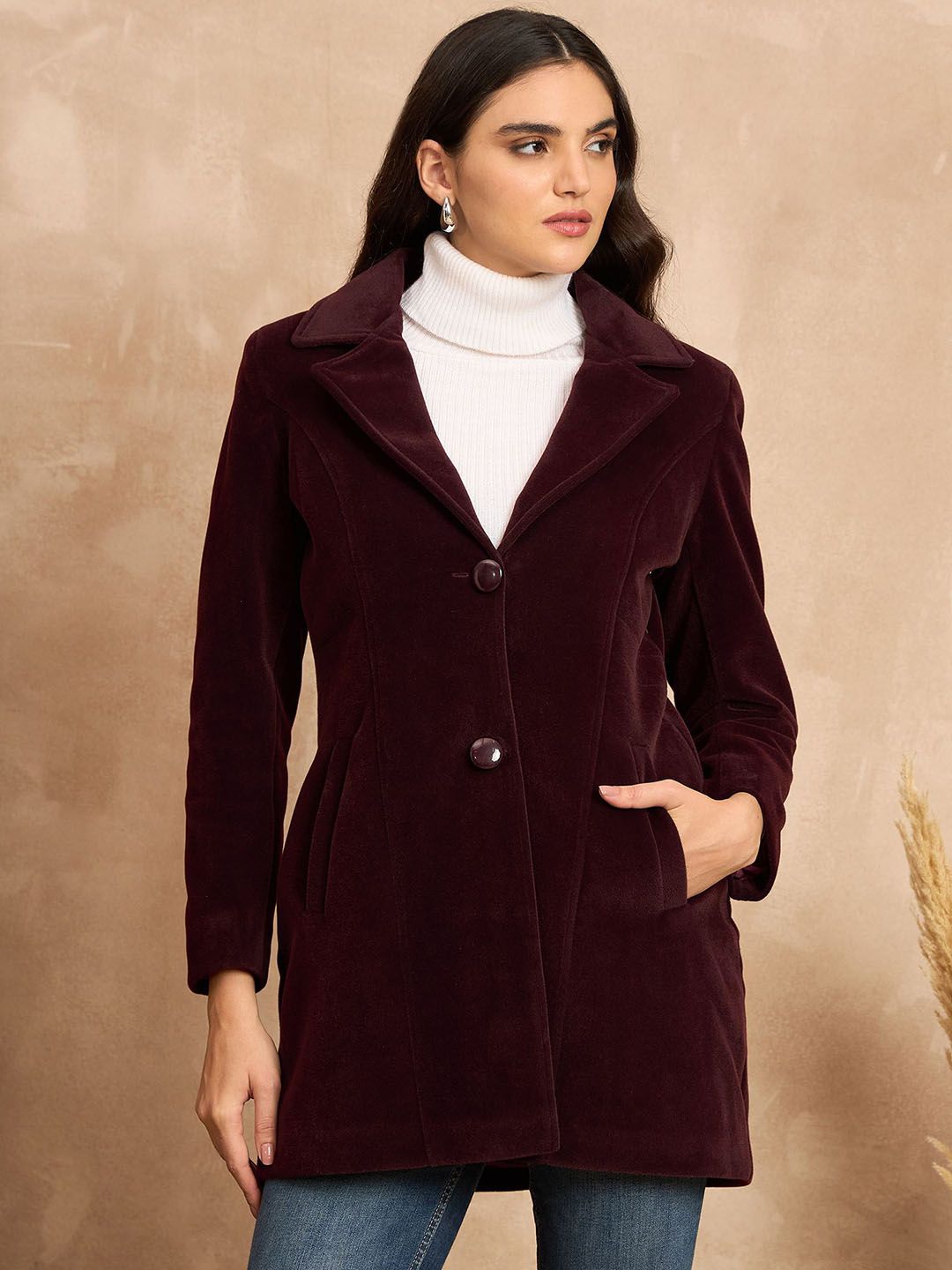 Clapton Women Maroon Linen With Notched Lapel & Button Closure Blazer-image-30