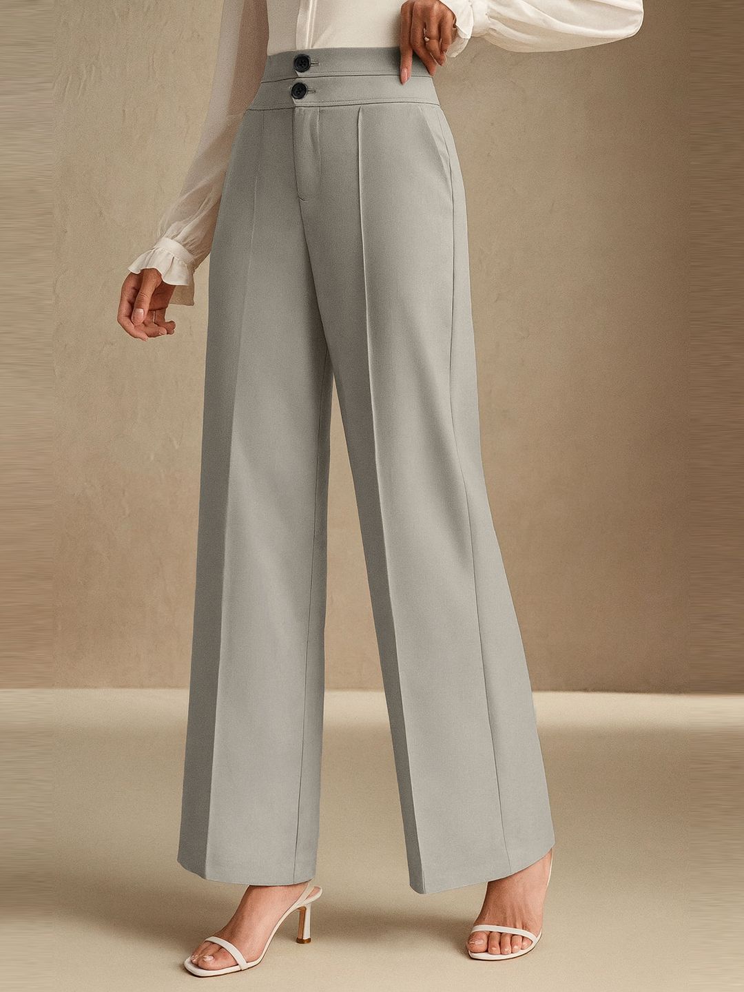 SAKHWALA Women Relaxed Straight Leg Double Waistband Wide Leg High-Rise Parallel Trousers-picture-48