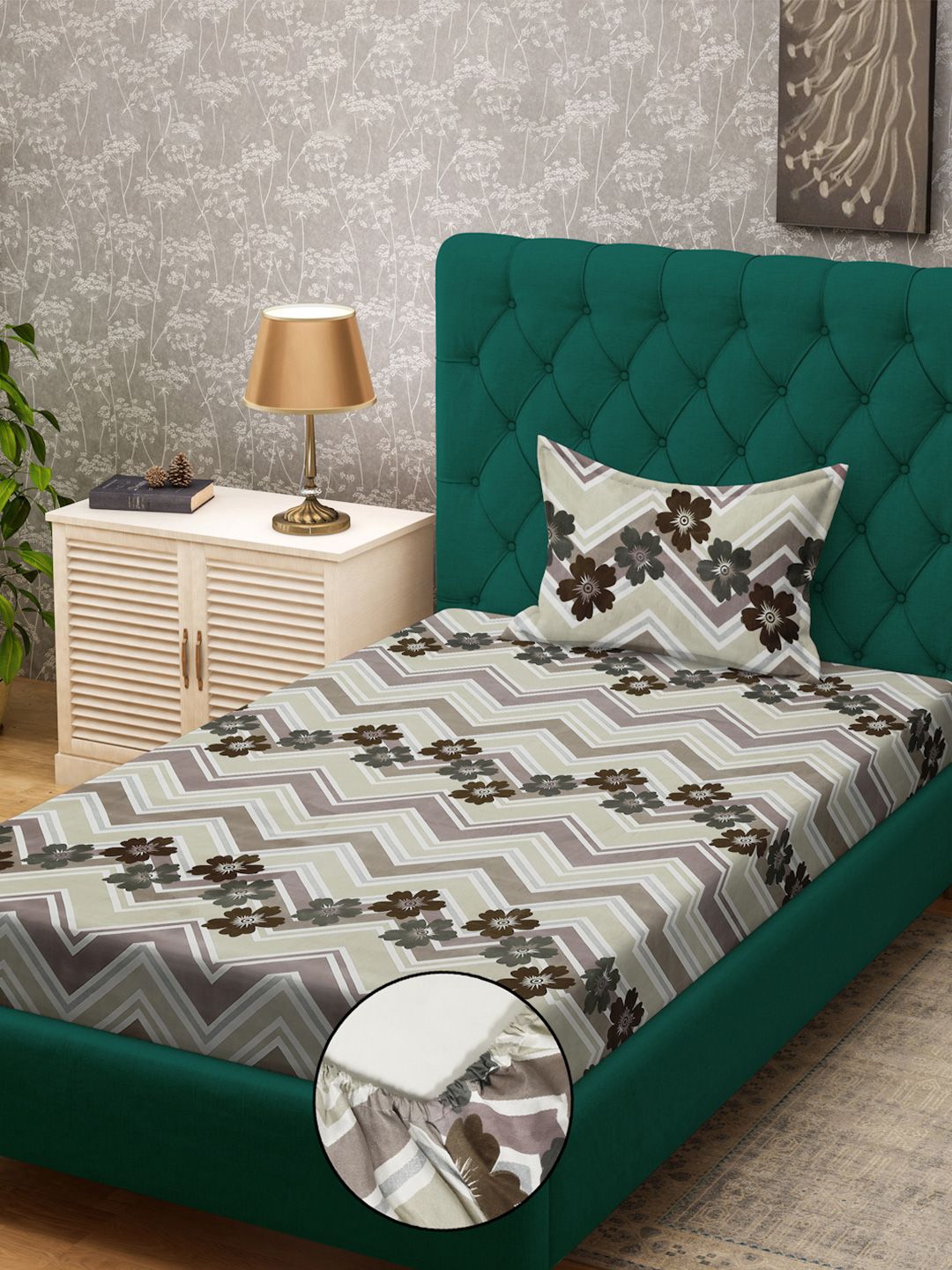 KLOTTHE Multicoloured Floral 300 TC Single Bedsheet with 1 Pillow Covers-picture-31