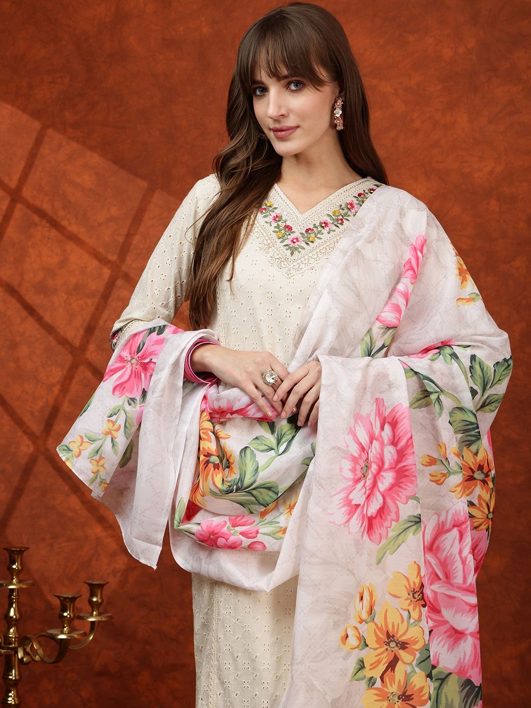 Chikankari & Embroidered Kurta with Pant & Printed Dupatta-image-2
