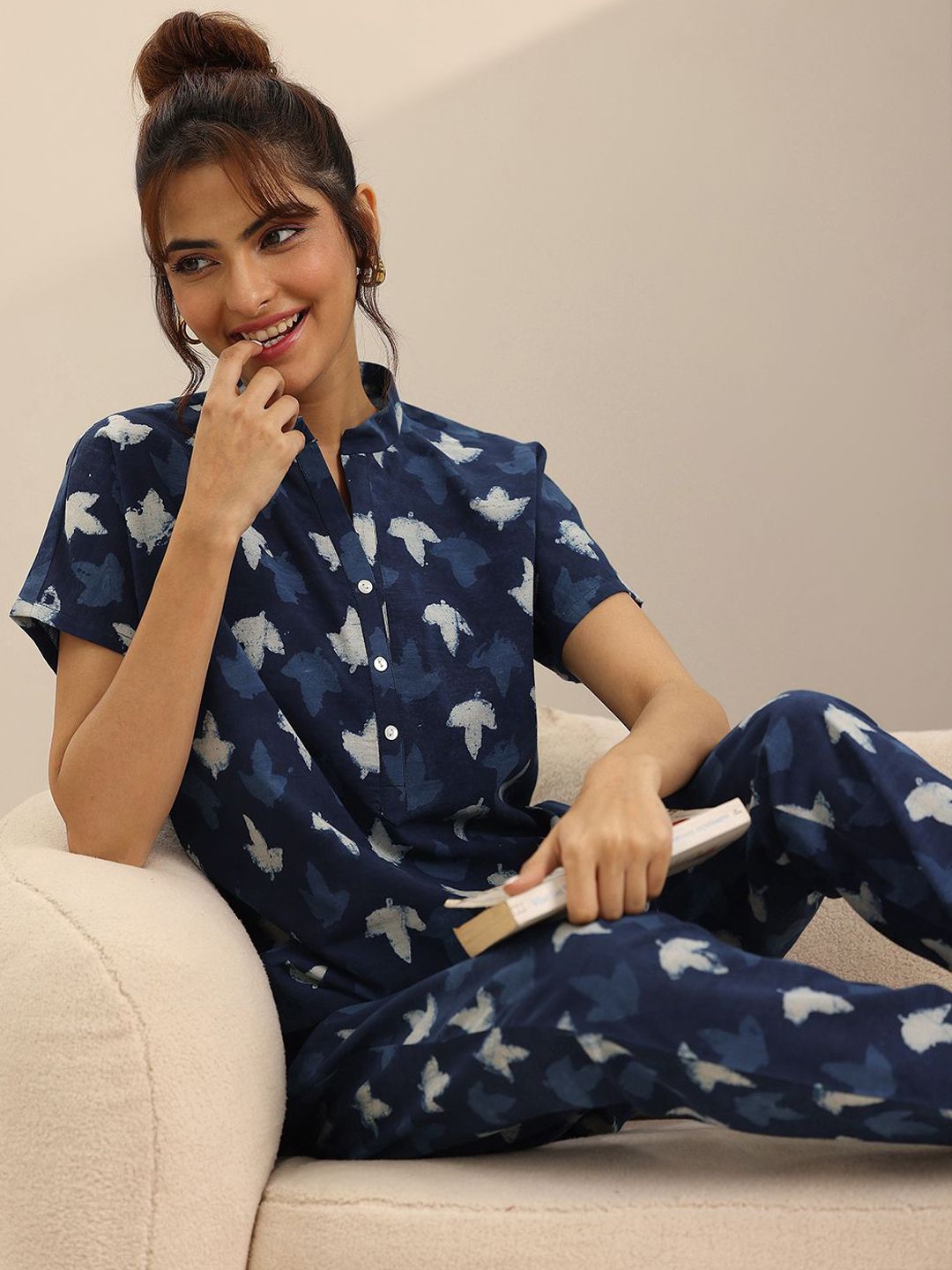 Libas Floral Printed Mandarin Collar Top With Pyjama-image-1
