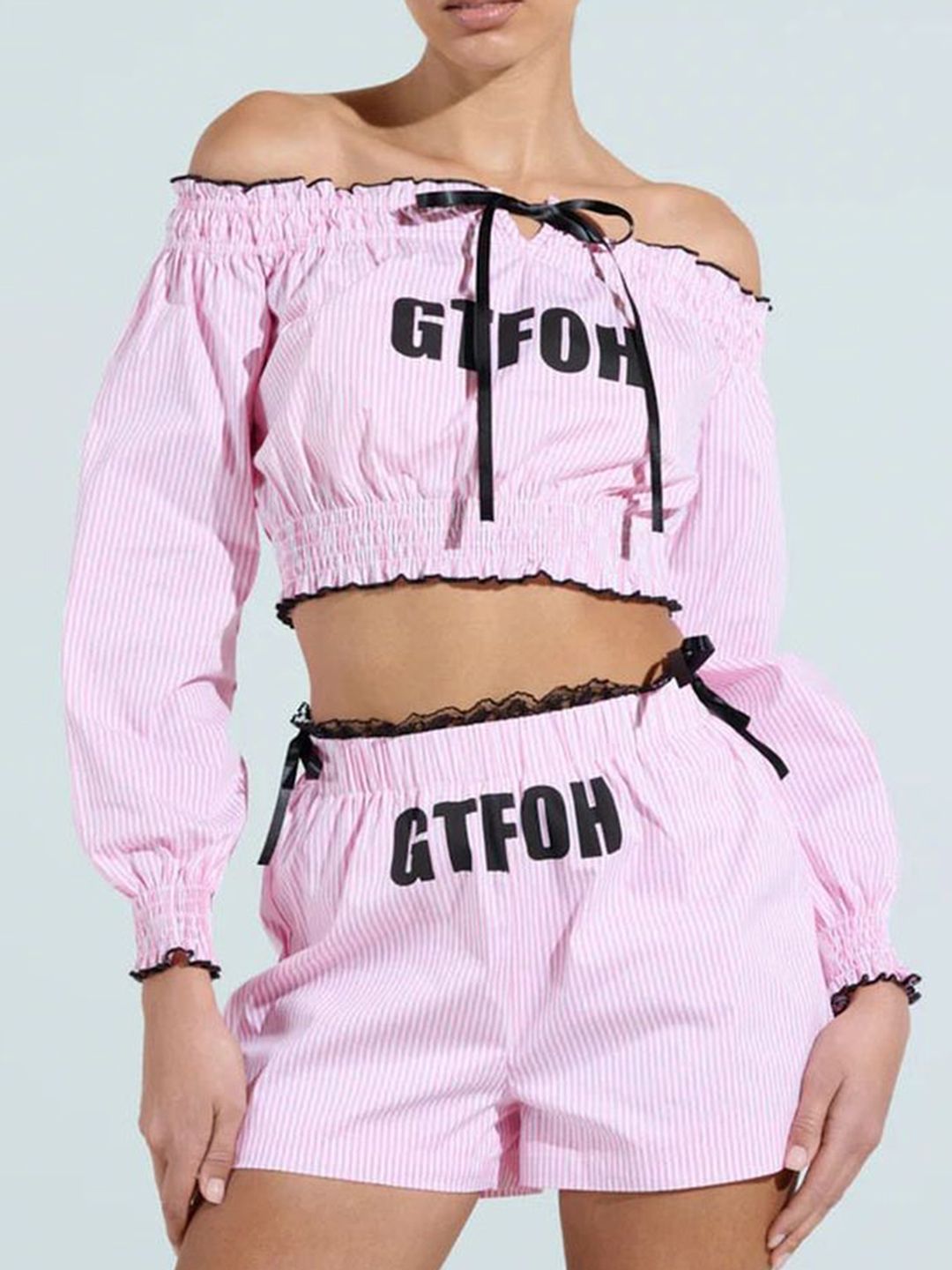 LULU & SKY Women Striped Off Shoulder Crop Top And Shorts Co-Ord Set-image-42