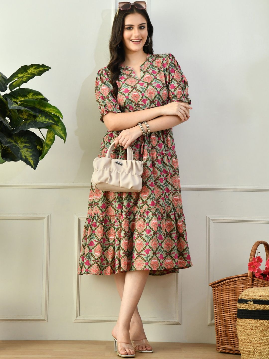 Jaipuri Fashionista Women Green & Beige Floral Print Puff Sleeve Cotton Fit & Flare Dress-picture-37