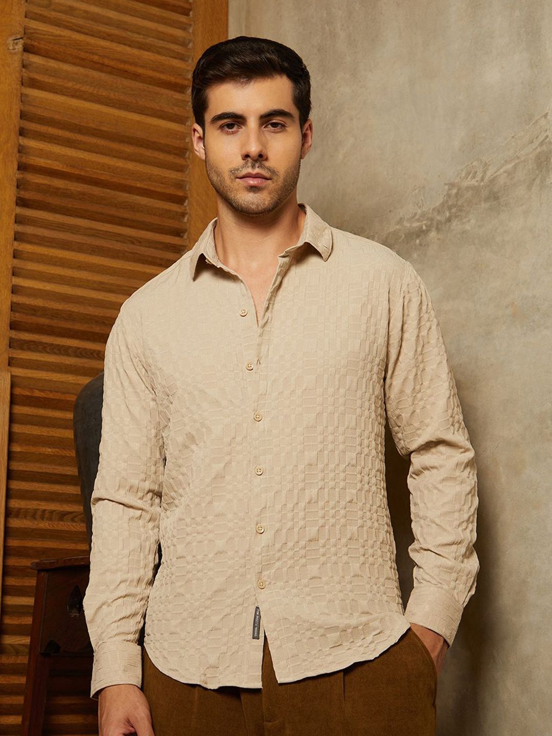 Campus Sutra Comfort Geometric Textured Spread Collar Casual Shirt-picture-25