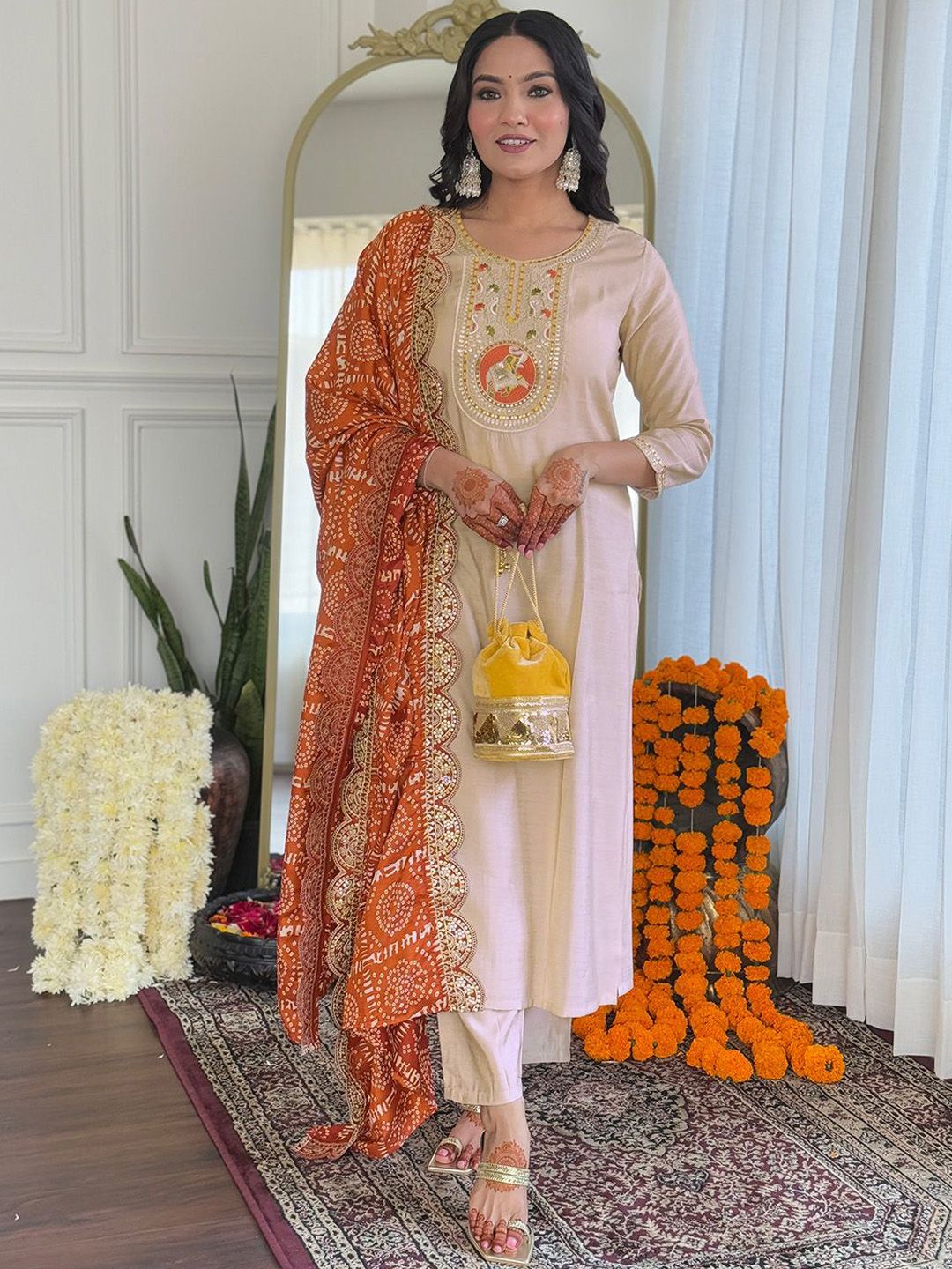 KAUTIK FABRICS Ethnic Motifs Embroidered Sequinned Straight Kurta With Trousers & Dupatta