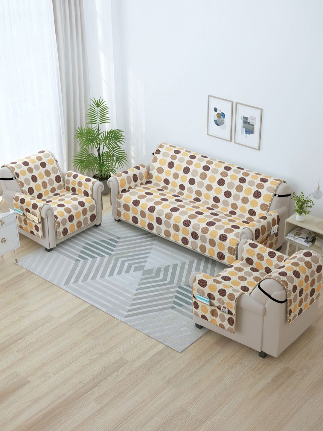 Story@home Beige & Yellow Printed Microfiber 3 Piece Sofa Cover With Arms-image-44