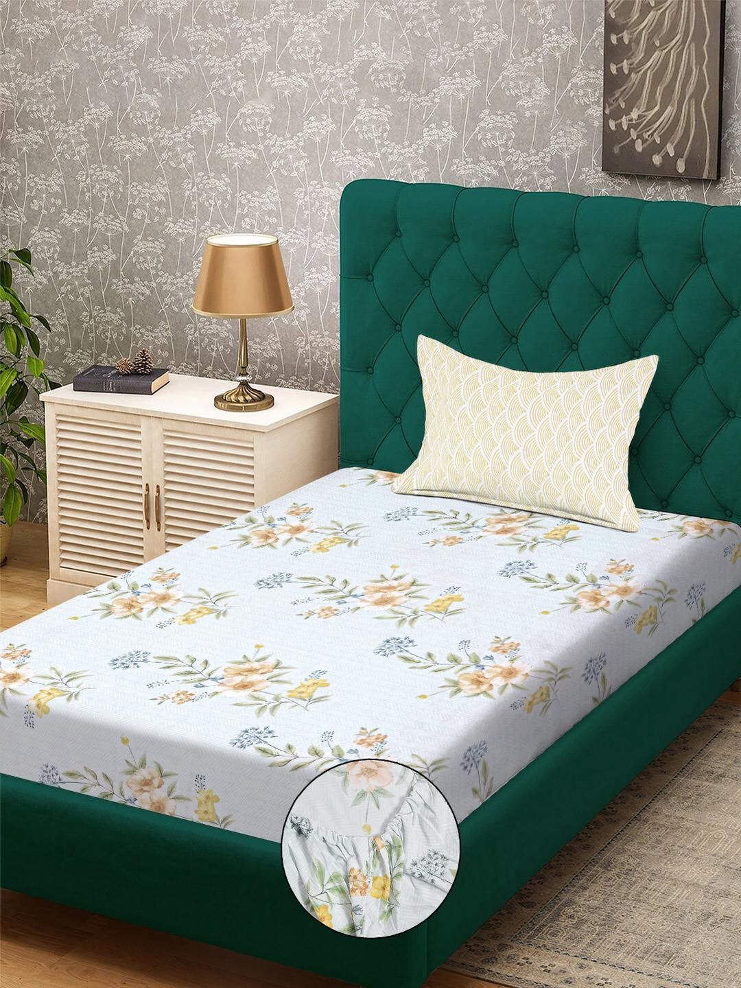 KLOTTHE Multicoloured Floral 300 TC Single Bedsheet with 1 Pillow Covers-picture-28