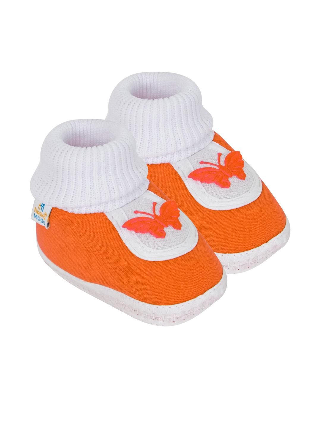 NESKA MODA Kids-Unisex White & Orange Butterfly Printed Slip On Cotton Booties-picture-58