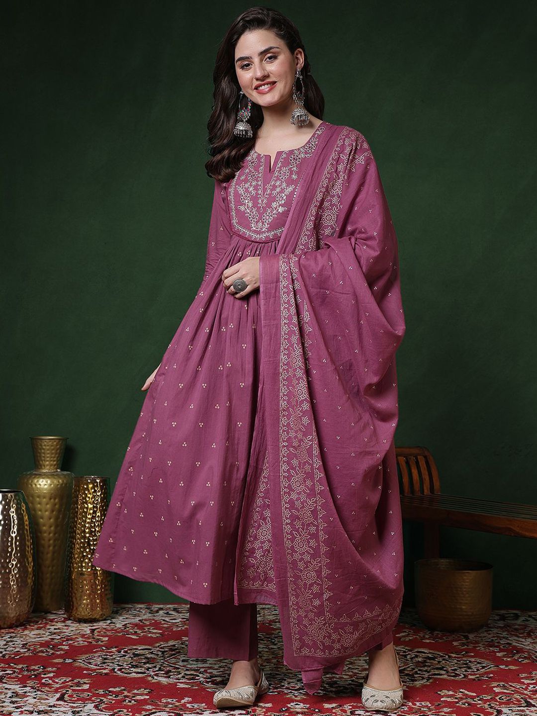 Sangria Floral Printed Pure Cotton Anarkali Kurta & Trousers With Dupatta-picture-35