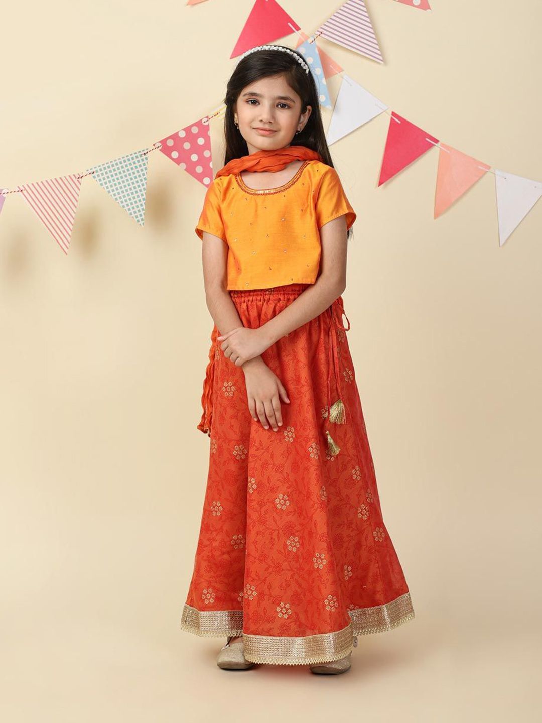 Fabindia Girls Printed Sequinned Lehenga With Choli & Dupatta-picture-13
