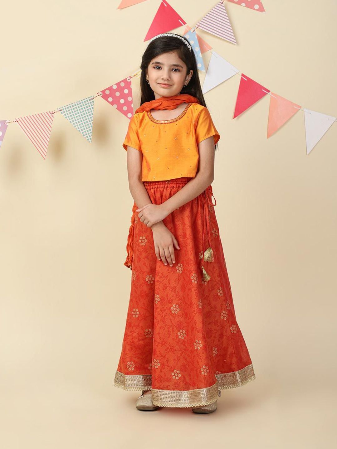Fabindia Girls Printed Sequinned Lehenga With Choli & Dupatta-picture-35