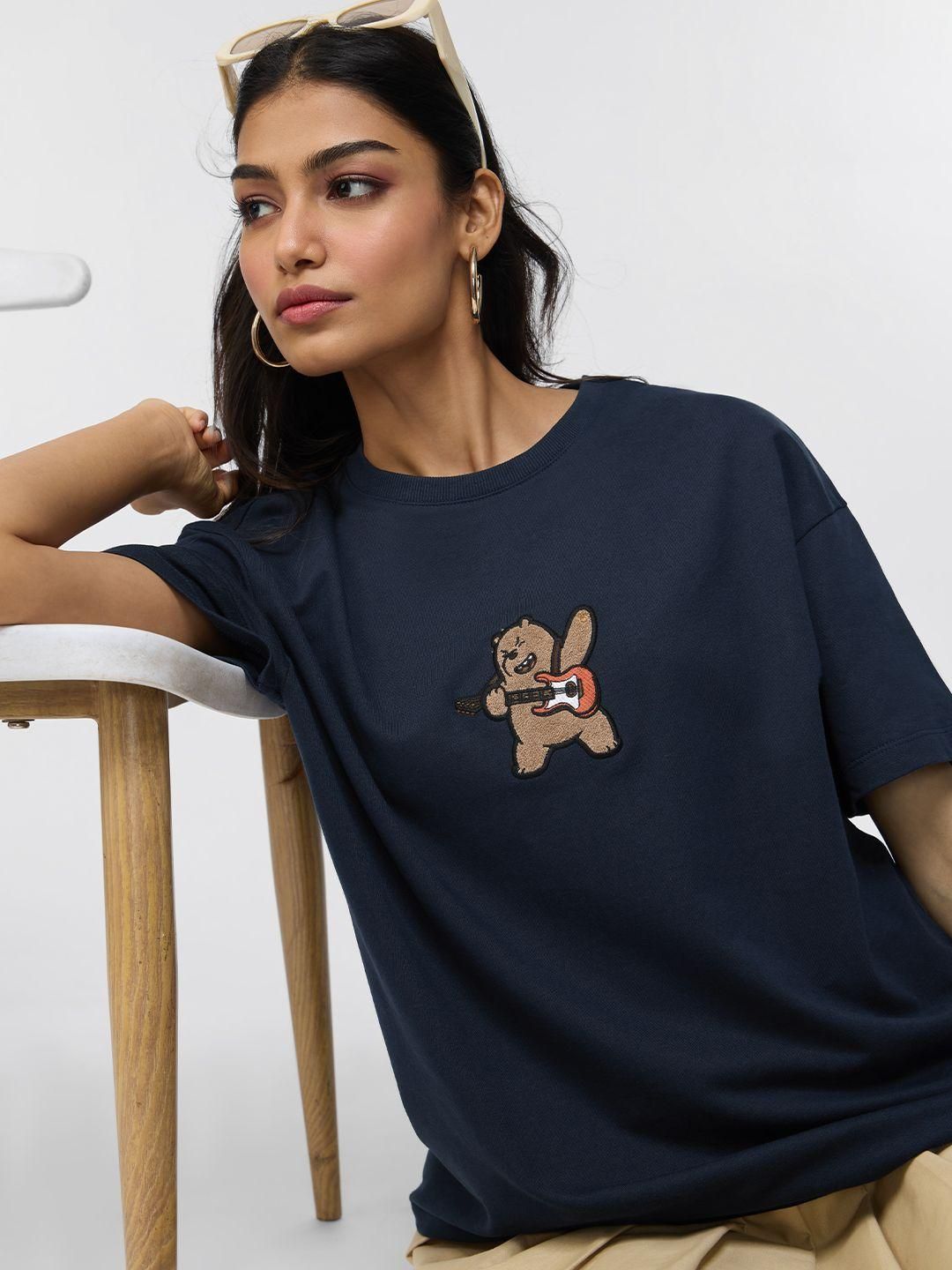 The Souled Store Oversized We Bare Bears Rockstar Embroidered Pure Cotton T-Shirt