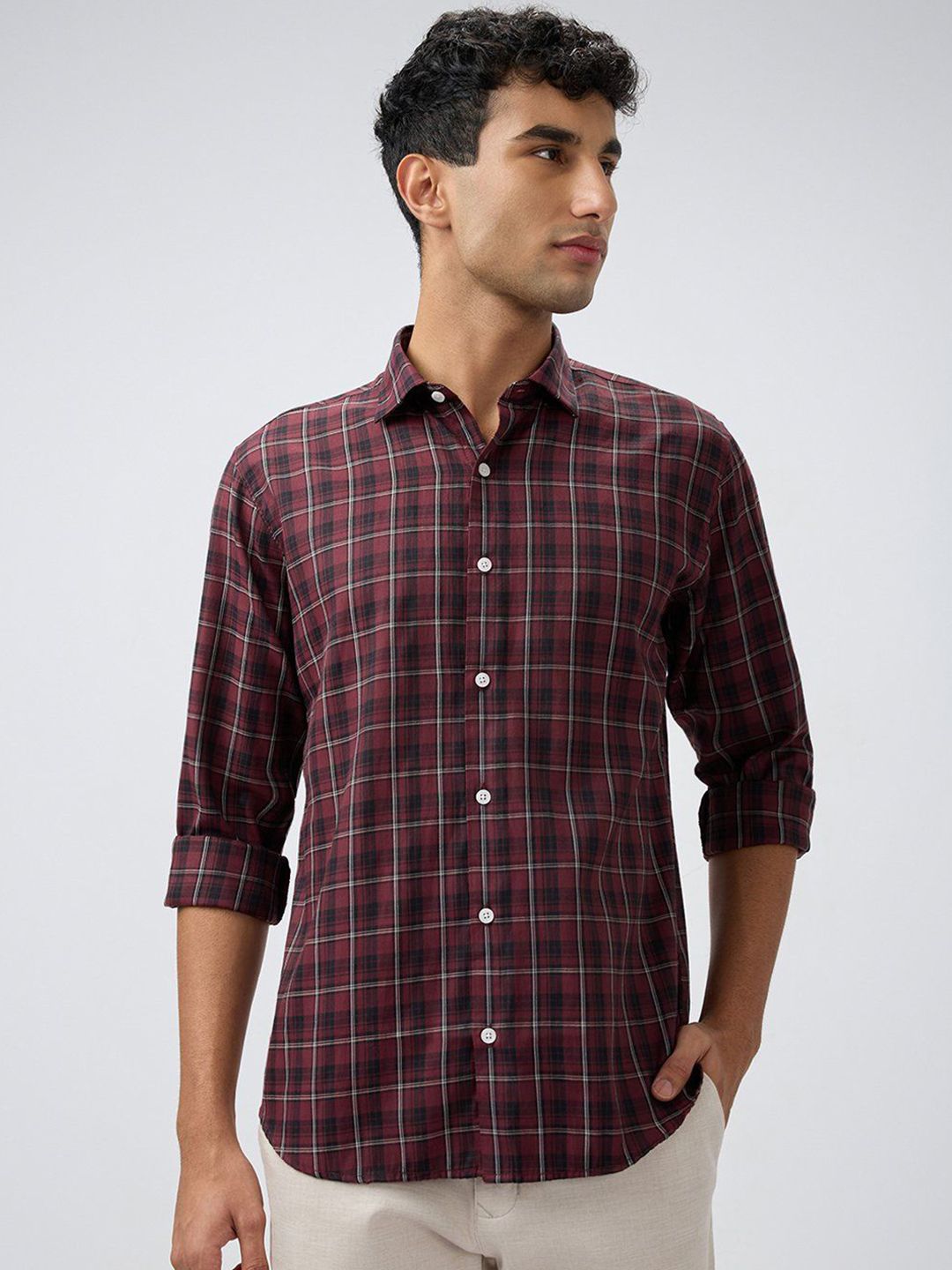 Park Avenue Men Slim Fit Windowpane Checked Spread Collar Casual Shirt-picture-19