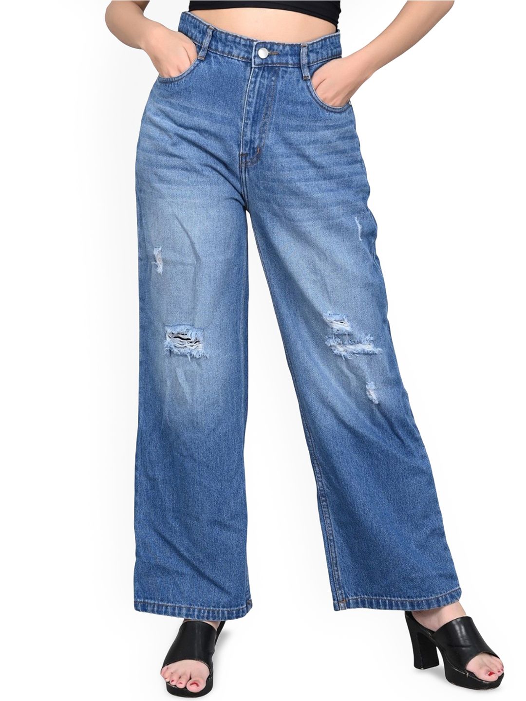 Stich lines Women Straight Fit High-Rise Mildly Distressed Stretchable Jeans-picture-16