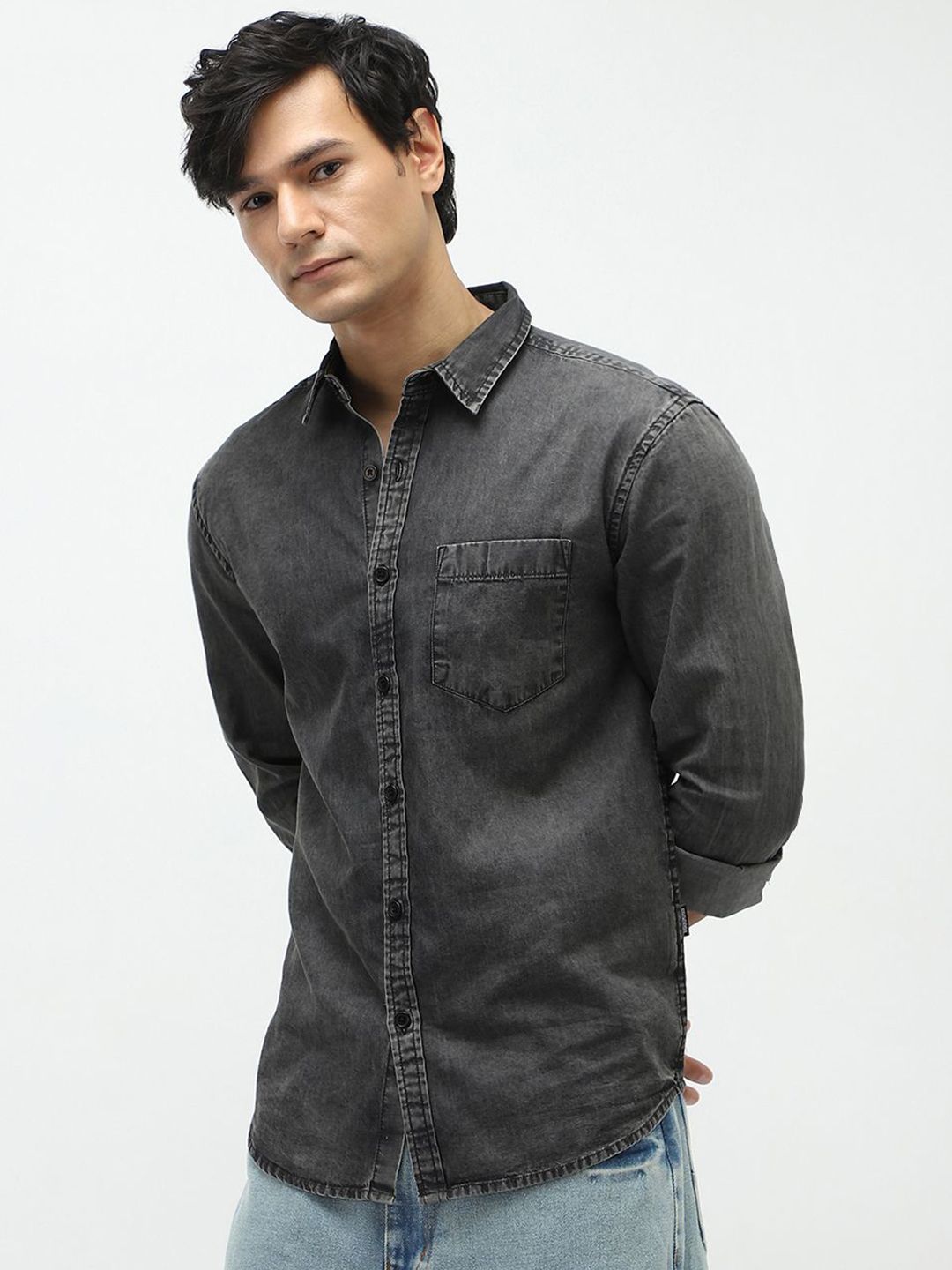 Urbano Fashion Men's Grey Regular Fit Full Sleeve Washed Denim Shirt-picture-28