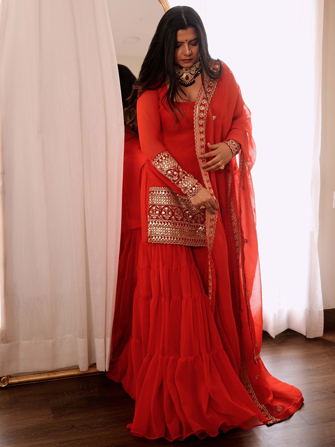 DIVASTRI Floral Yoke Design Square Neck Sequinned Georgette Straight Kurti With Sharara