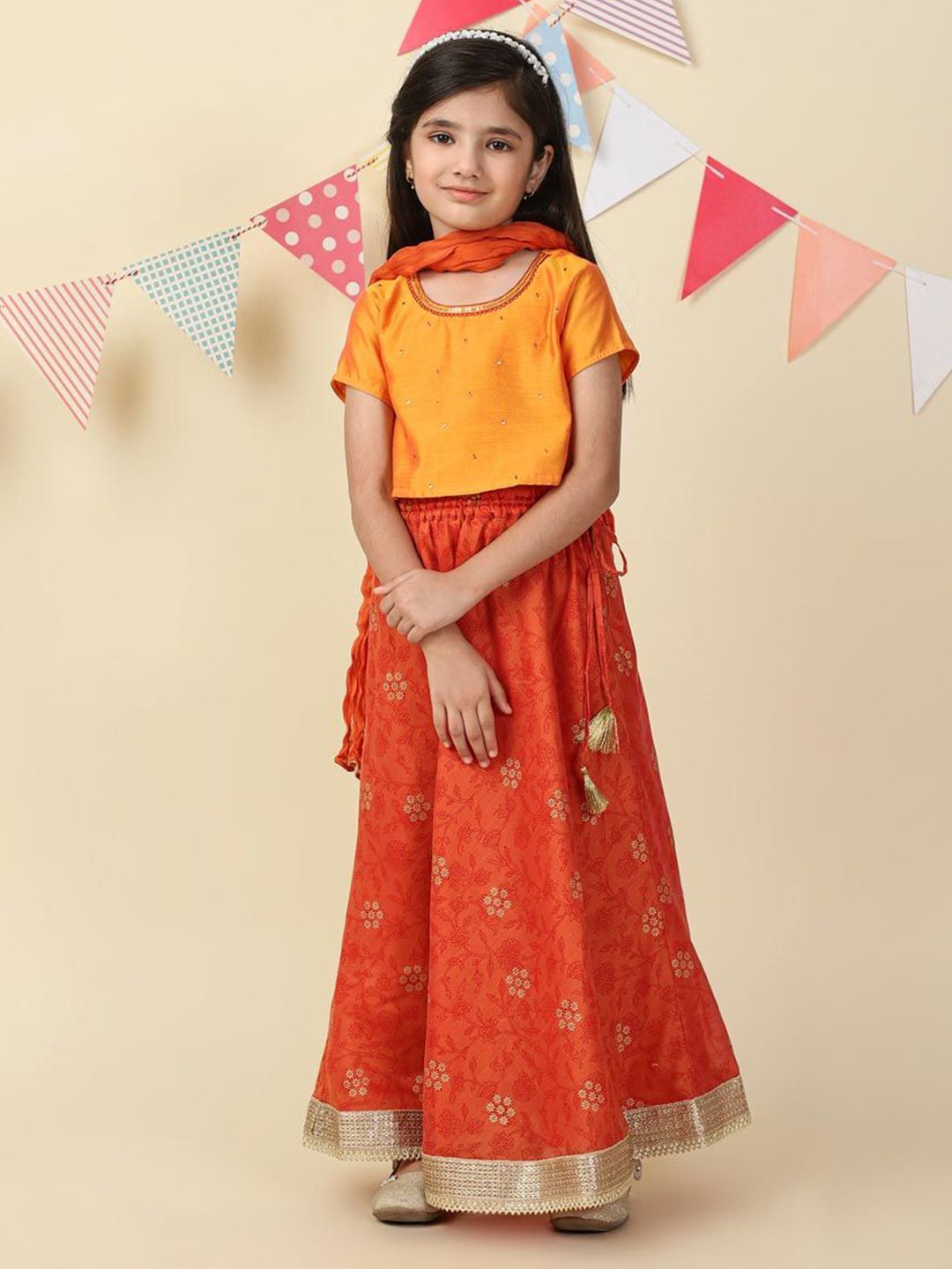 Fabindia Girls Printed Sequinned Lehenga With Choli & Dupatta-picture-36